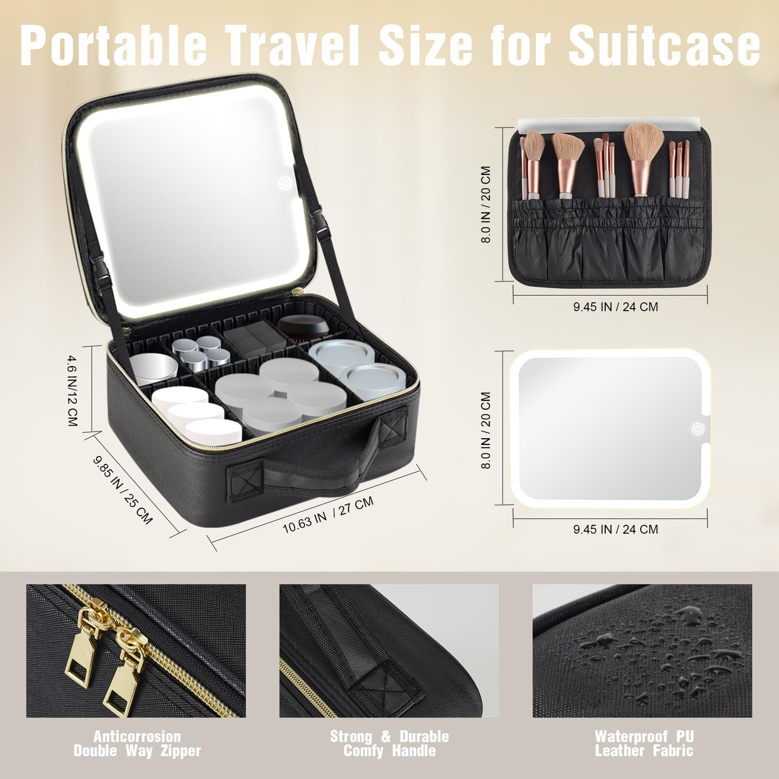 Travel Makeup Bag Cosmetic Organizer Bag with Large Magnetic Removable Lighted Mirror, Makeup Case with Mirror and Lights 3-Color Modes Adjustable Brightness 360° Angle, Makeup Travel Train Case Gift 3