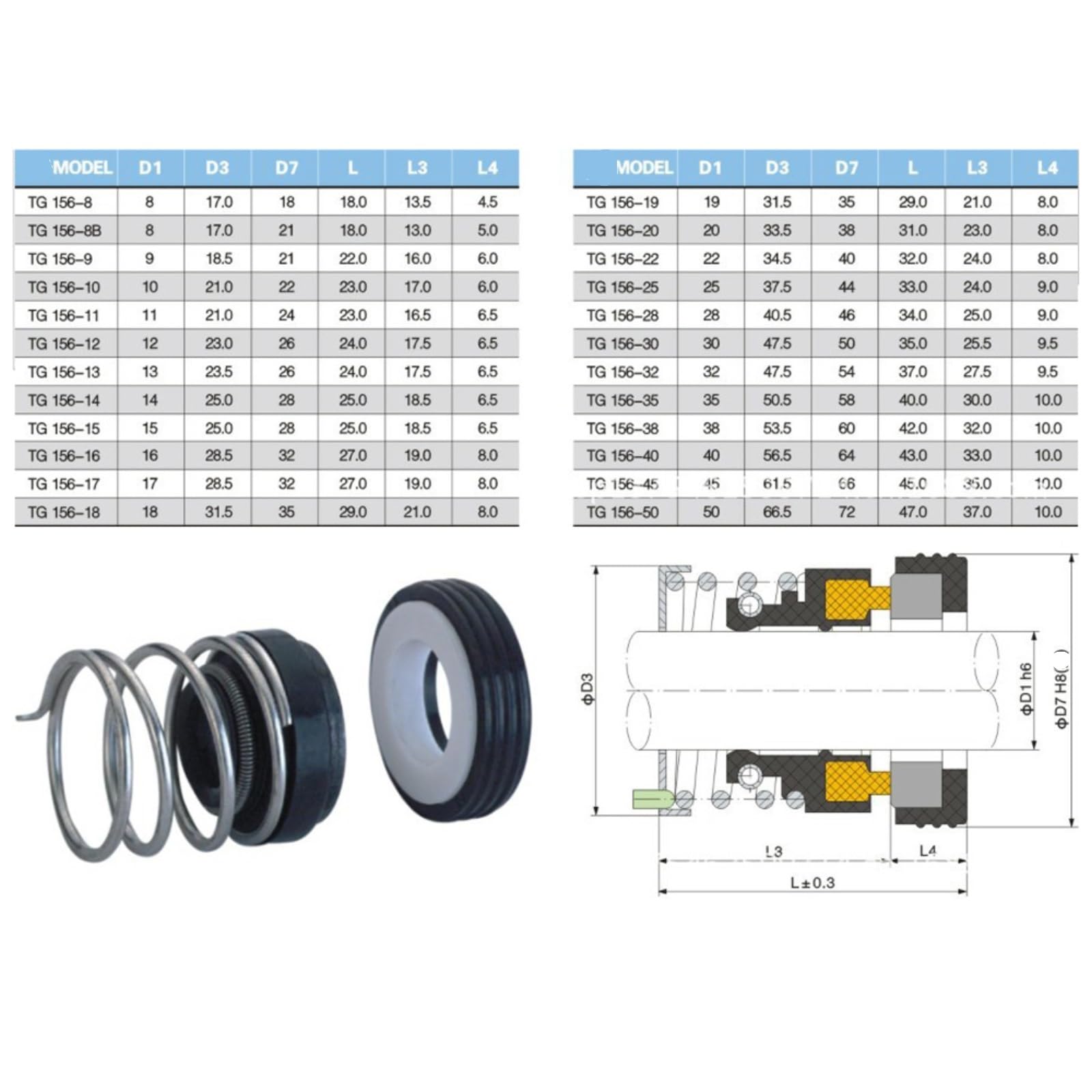 Mechaniczne uszczelnienie wału 1 szt. Seria 156 Fit 8-16mm OD wał pompy wodnej mechaniczne uszczelnienie wału pojedyncza sprężyna śrubowa do pompy samozasysającej(8mm)