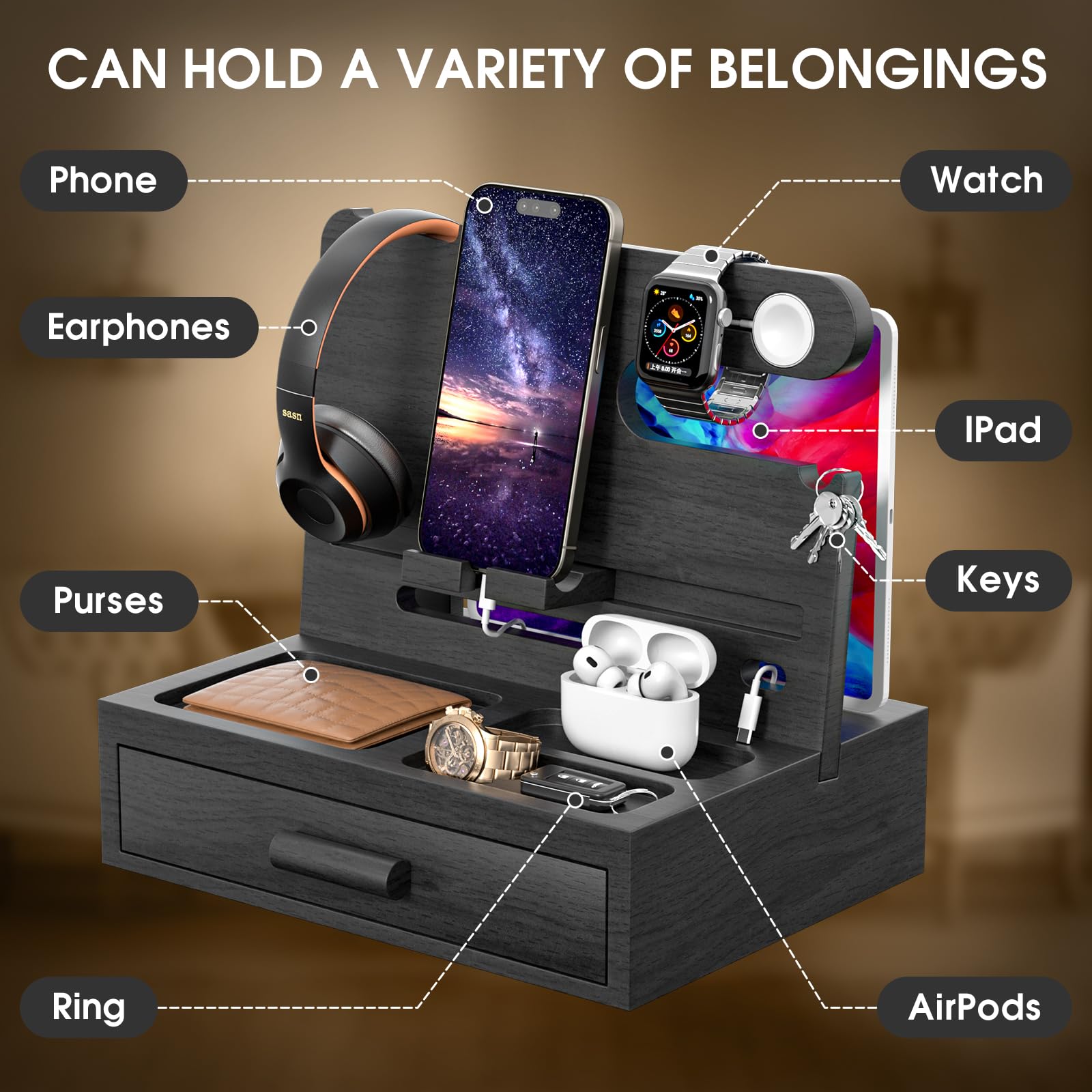 Sephyroth Docking station per telefono in legno con cassetto, organizer multifunzionale per telefoni, tablet e accessori, per uomini, padri, fidanzati (nero)