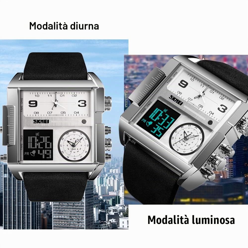 SKMEI Orologio da polso digitale sportivo da uomo, con quadrante quadrato grande, al quarzo, con cronometro impermeabile multi-fuso orario