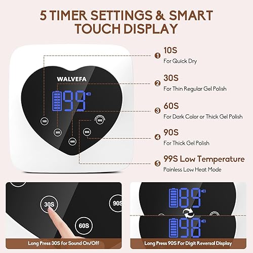 Miniatura 2 de Walvefa Lámpara de uñas LED UV recargable, luz UV inalámbrica de 72 W para uñas con 5 temporizadores, lámpara de curado profesional para uñas de gel