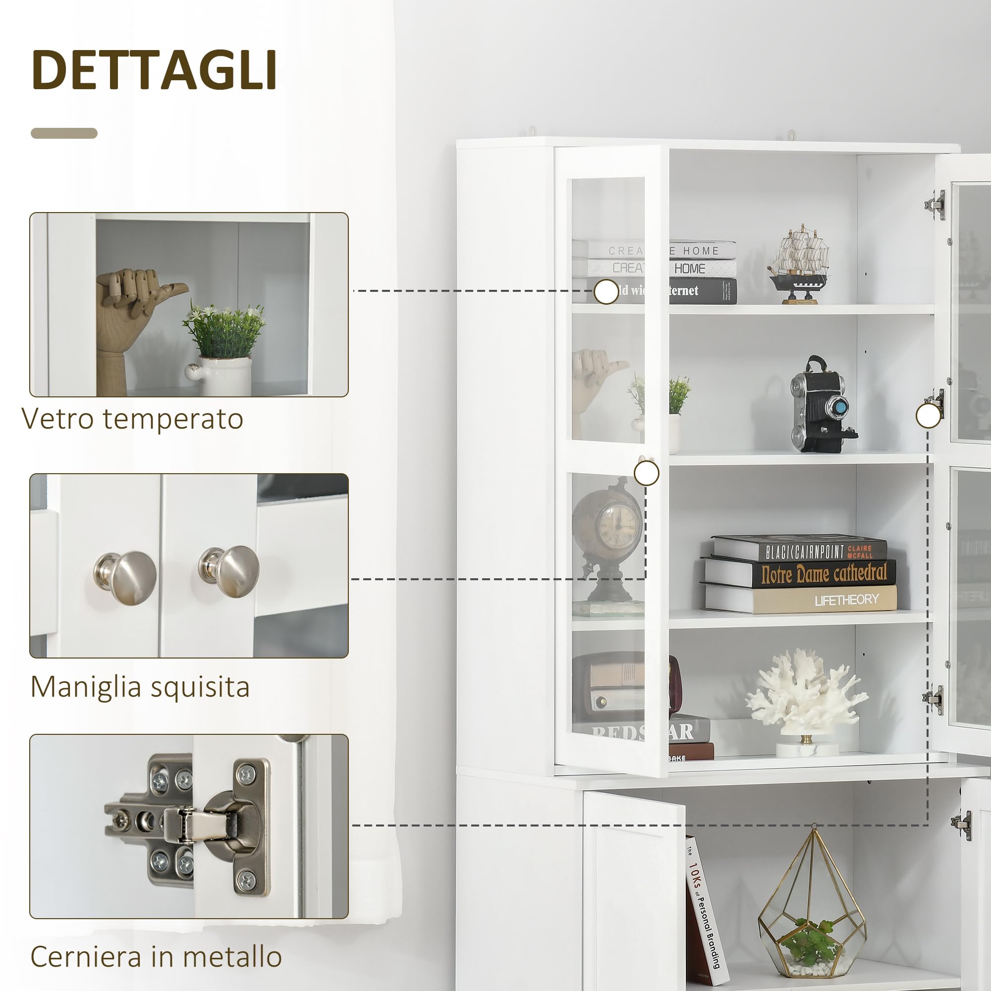 HOMCOM Mobile Libreria con Ante in Vetro Temperato 76x40x178.5 cm Bianco