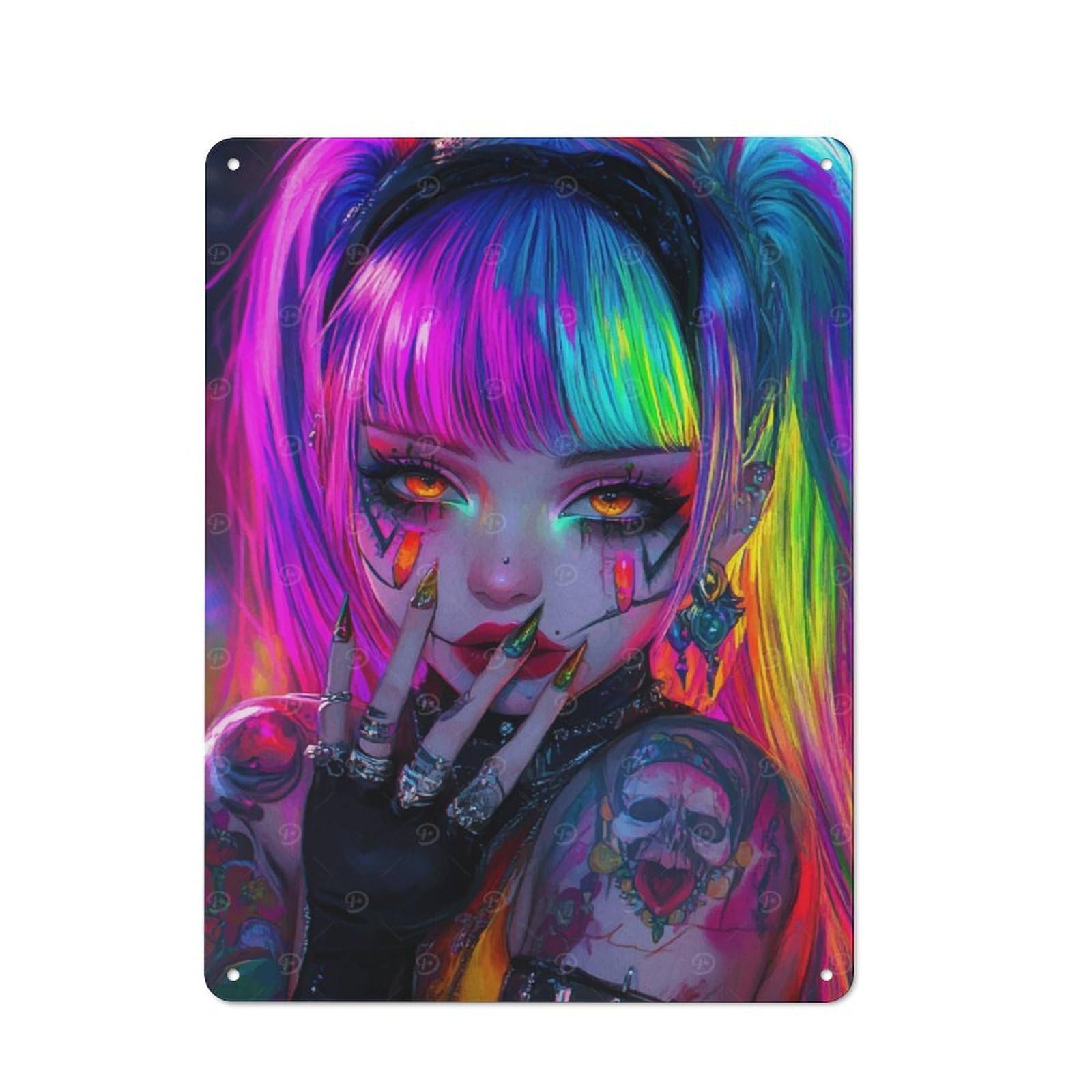 Industrial Neon Anime Girl Decorative Metal Plaque 40x30cm, Studio Wall Art for Flat, Bar, Studio Or Gallery Wall