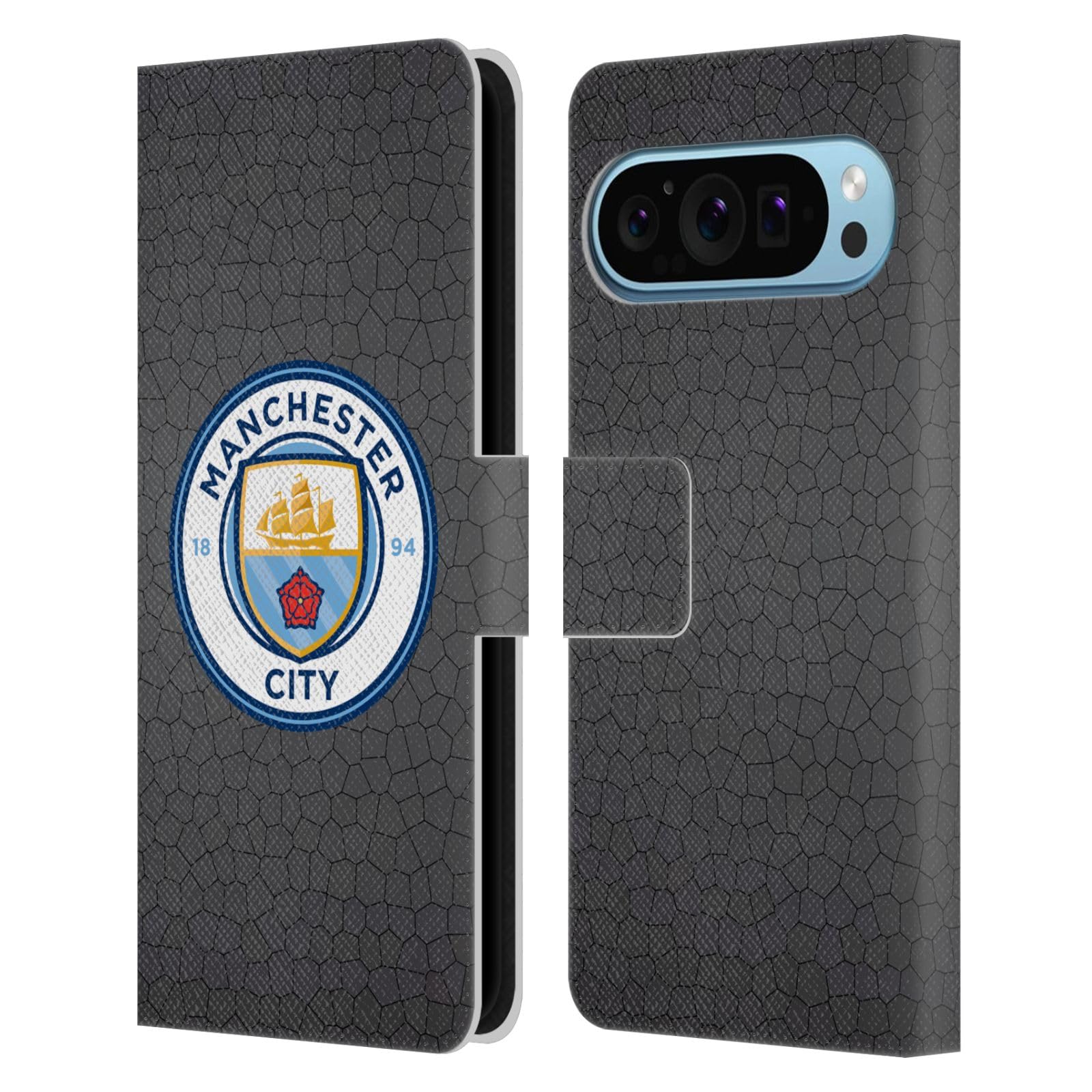 Head Case Designs Officially Licensed Manchester City Man City FC Black Mosaic Full Colour Badge Pixels Leather Wallet Case Compatible With Google Pixel 9 / Pixel 9 Pro