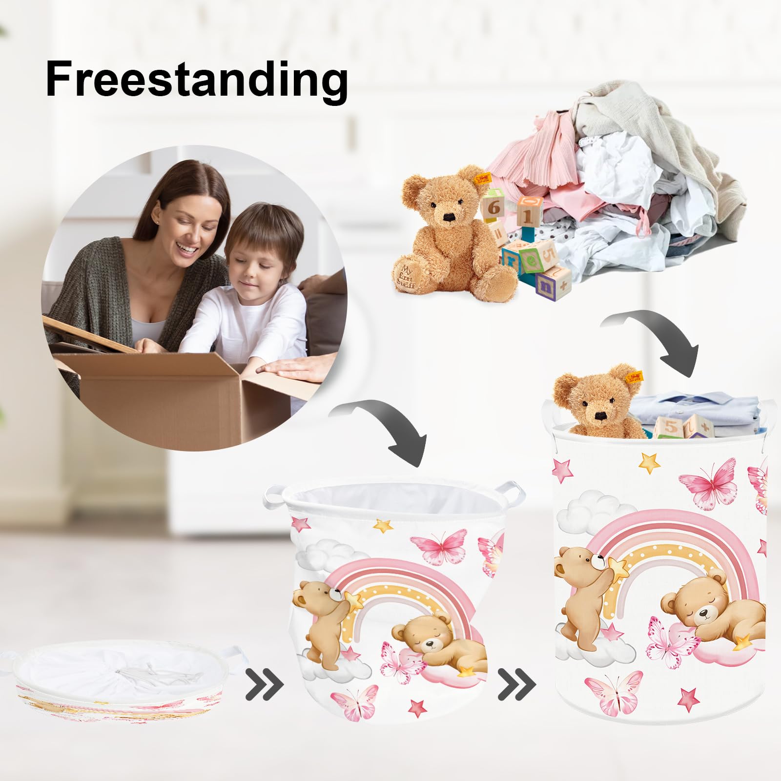 Clastyle Rainbow Baby Laundry Hamper Folding Clothes Kids Storage Basket Waterproof Girls Toy Box for Bedroom Bear, 36x45 cm - Image 3