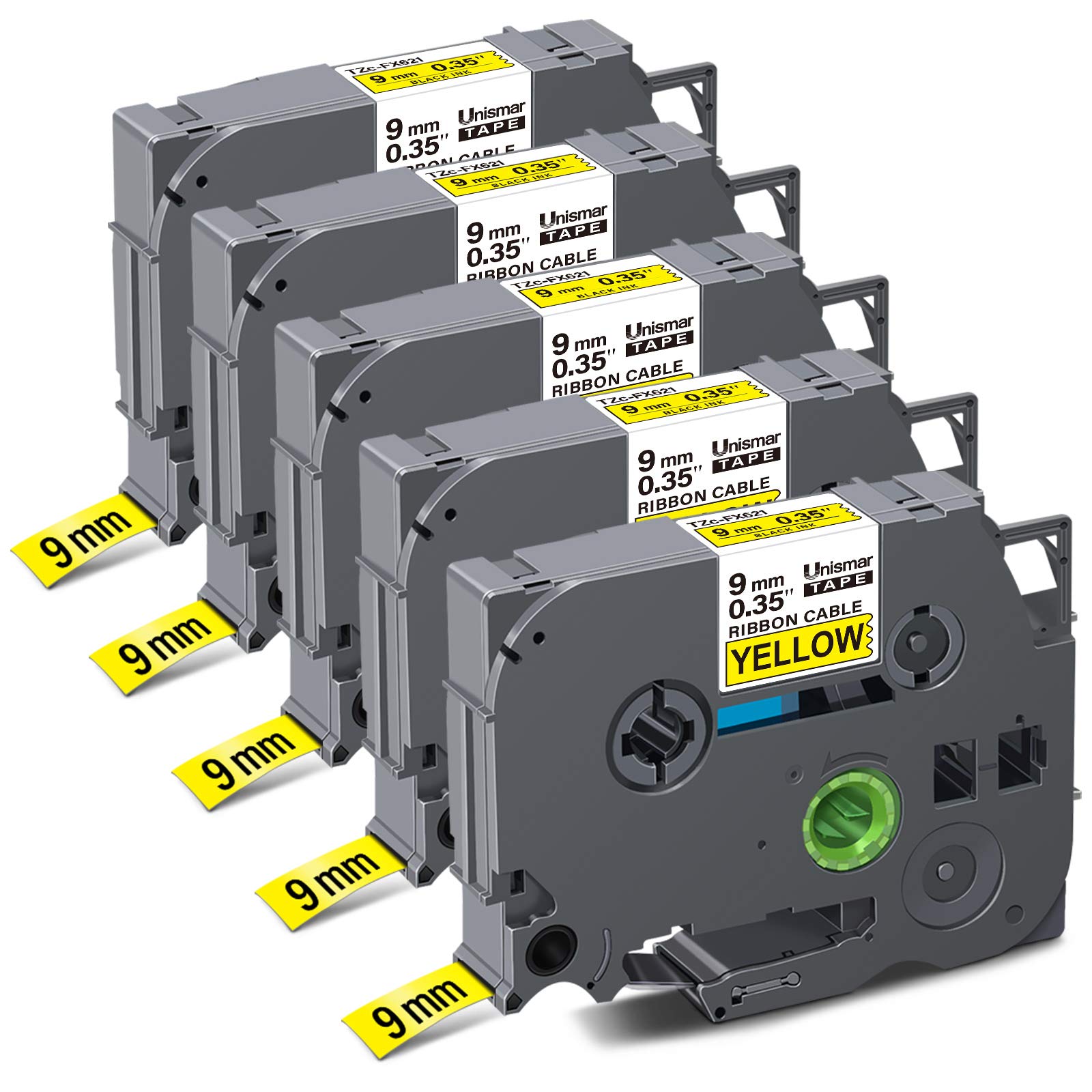 Unismar Compatible for Brother Flexible-ID TZe-FX621 9mm 0.35'' Laminated TZ Tape Black on Yellow Wire Cable Tape for Ptouch PT-D200 PT-D210 PT-D600 PT-D400 PT-H100 PT-H110, 3/8" x 26.2', 5-Pack