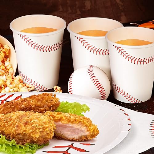 Miniatura 6 de ADXCO Juego de vajilla de 120 piezas para fiesta de béisbol, platos de papel desechables, servilletas, tazas de 7 pulgadas y 9 pulgadas,