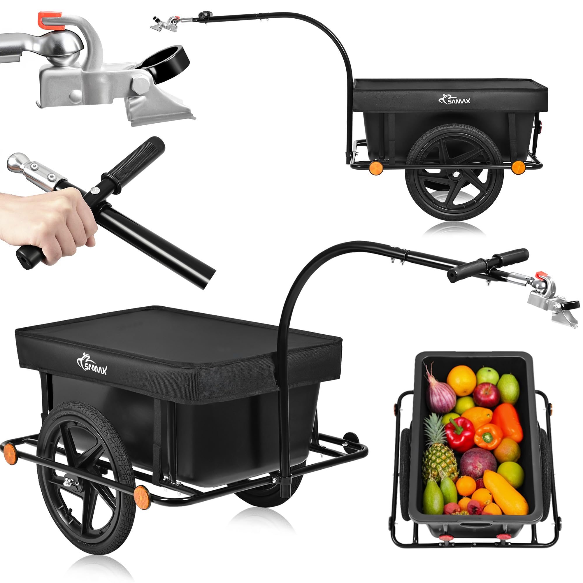 SAMAX Lastenanhänger Fahrradanhänger 90 Liter 80 Kg mit Kupplung Schutzplane und Verbindungsschelle - Transportanhänger Fahrrad Anhänger Handwagen mit Kunststoffwanne in Schwarz - Mountain