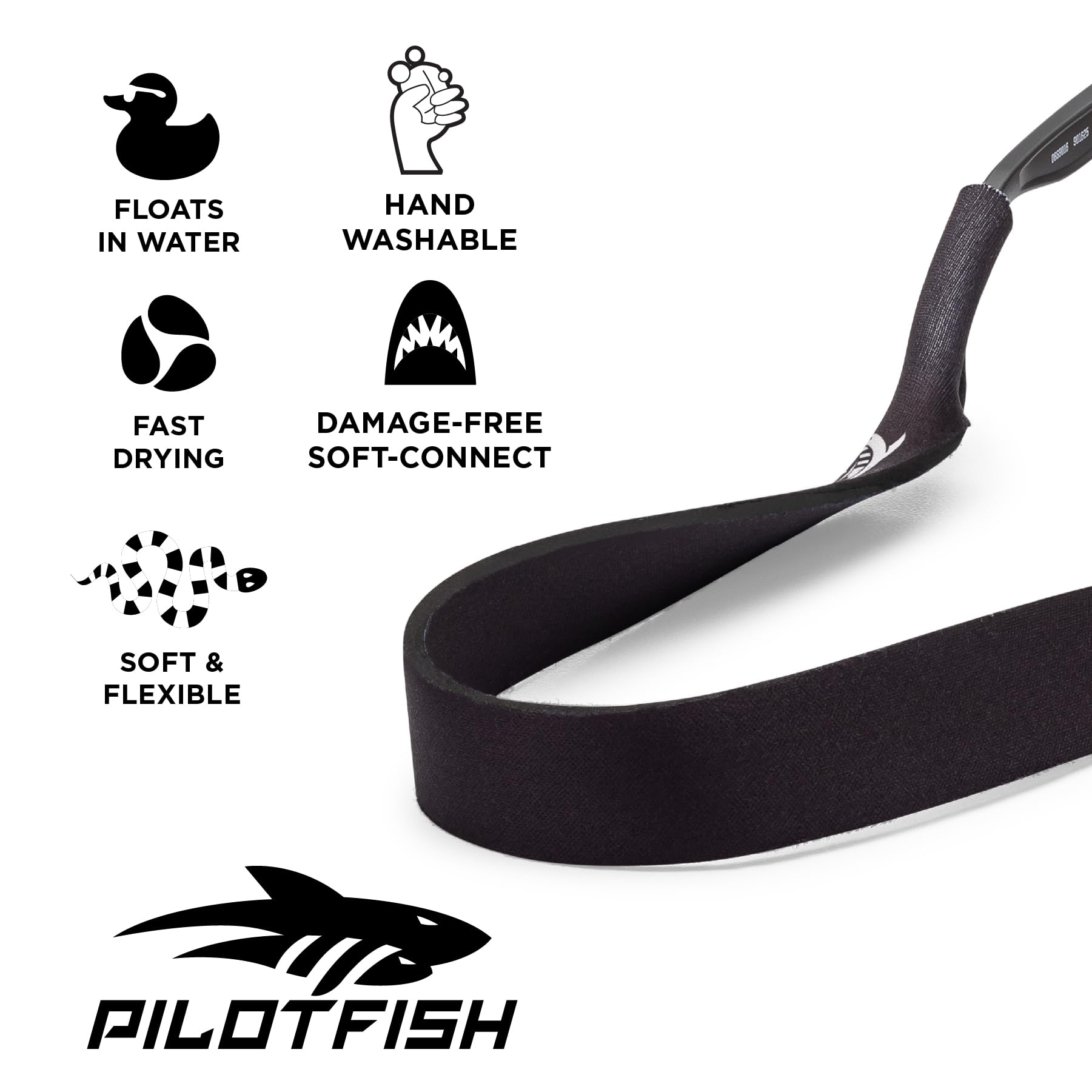 Pilotfish Cinturino per occhiali da sole galleggiante, fermaocchiali in neoprene leggero e premium per uomo e donna, confezione da 2 neri morbidi e flessibili