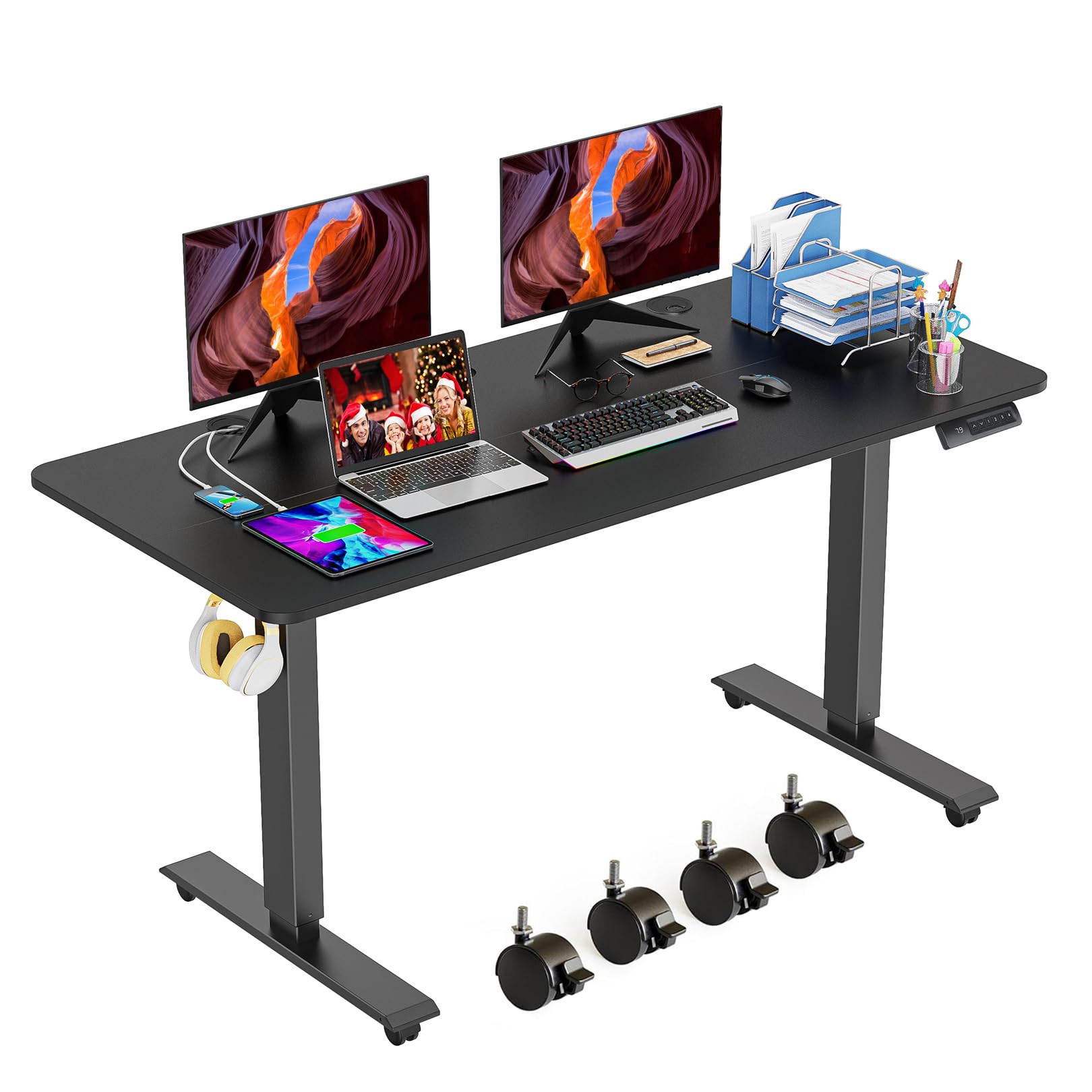 Electric Standing Desk Adjustable Height, 55x 24 inch Sit Stand Desk with Double Crossbeam Structure, Four Preset Heights, Current Protection Function, 27-45in Lifting Range Stand up Desk（Black)
