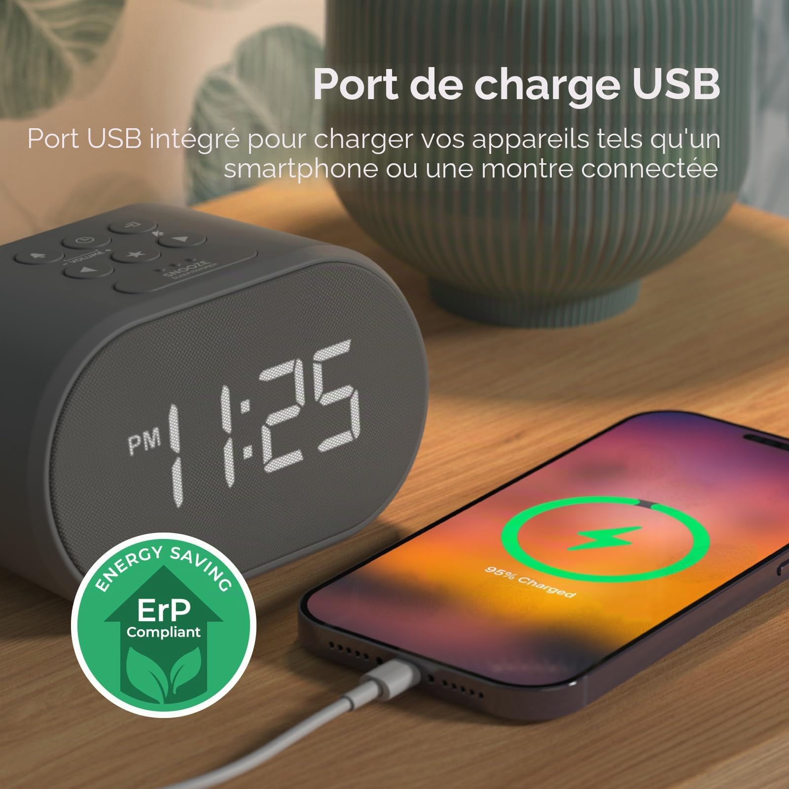 i-box Radio Reveil avec Chargeur USB et Radio FM, Horloge Digitale, Reveil Matin avec Ecran à 5 Niveaux de Luminosité, Réveil Numérique (Gris)