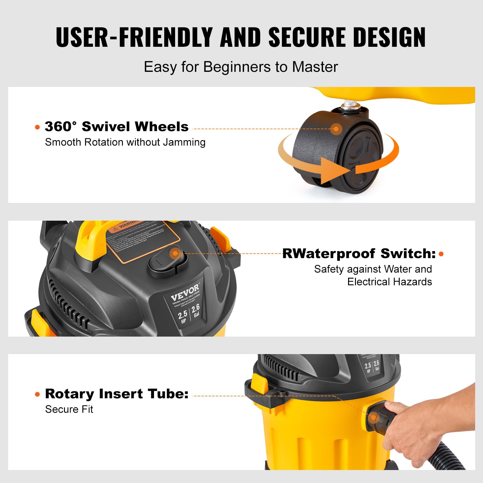 VEVOR Aspiradora en Seco y Húmedo 10 L Aspiradora Portátil Liviana para Taller en Seco y Húmedo 2,5 HP Soplado Eficiente con Boquilla, Ruedas, para Alfombras, Escombros, Pelo de Mascotas, Amarillo