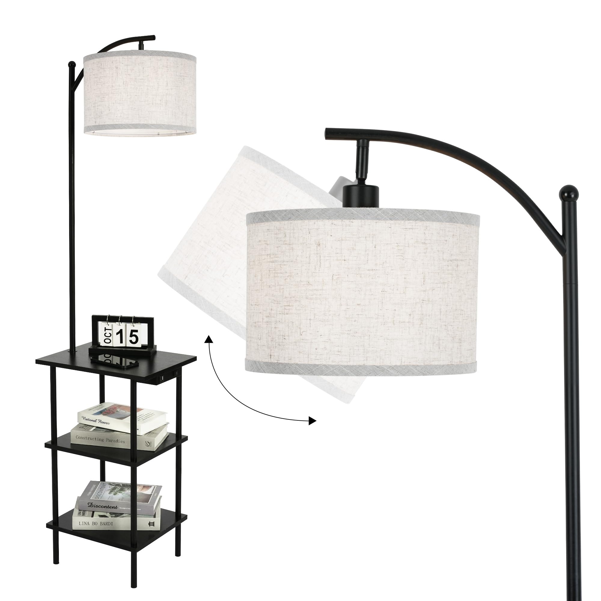 LuminexDesigns Vintage Stehlampe mit Regal, Holz Beistelltisch mit Ladestation, Schwarz Retro Stehleuchte mit 3-Ebenen Stauraum, Schwenkbar, für Wohnzimmer, Schlafzimmer, Ecke, Arbeitszimmer