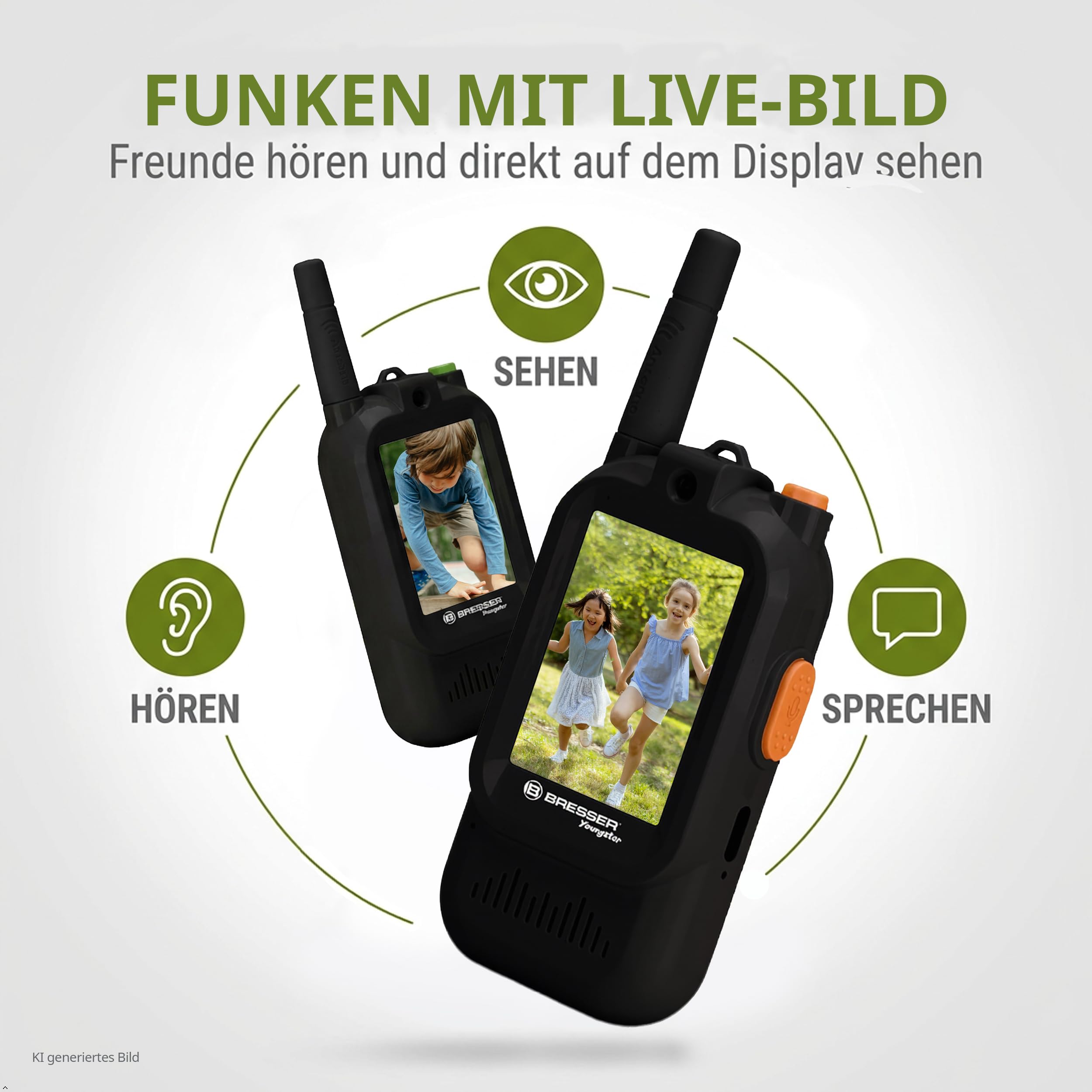 Bresser Youngster Video Walkie Talkie per bambini con display da 2 pollici, batteria ricaricabile, cambia voce, cavo di ricarica USB C