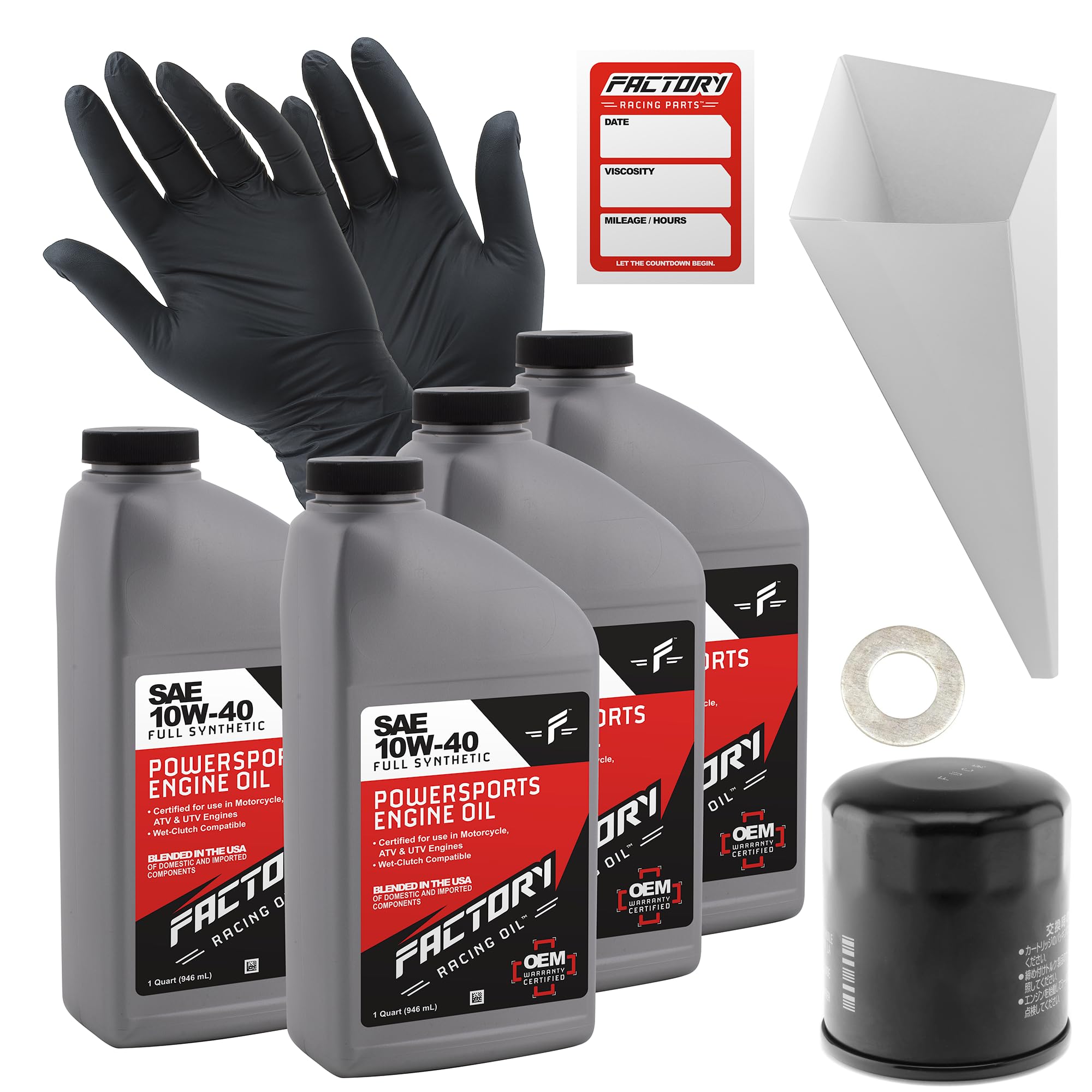 Factory Racing Parts Oil Change Kit compatible with Kawasaki Vulcan, Ninja – Includes 4 Quarts of SAE 10W-40 Full Synthetic Oil, 1 Filter, 1 Crush Washer, 1 Funnel, 1 Oil Change Reminder Sticker