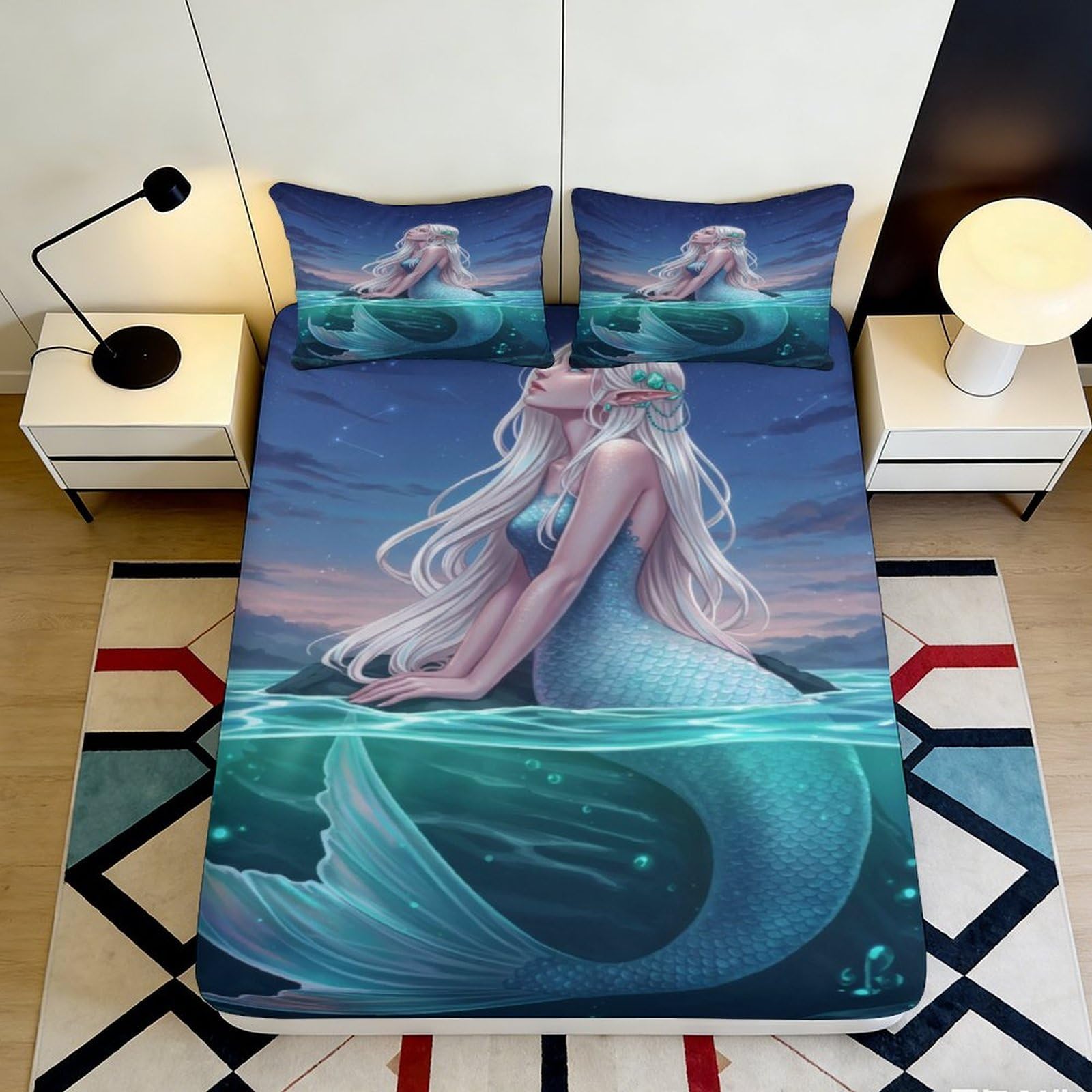 Pnayamiorkfel Style-6 3D Printed Mermaid Ocean Fitted Sheet Microfiber Soft Non-Slip Bed Cover For Bedroom Guest Room Decoration 90X200x25cm