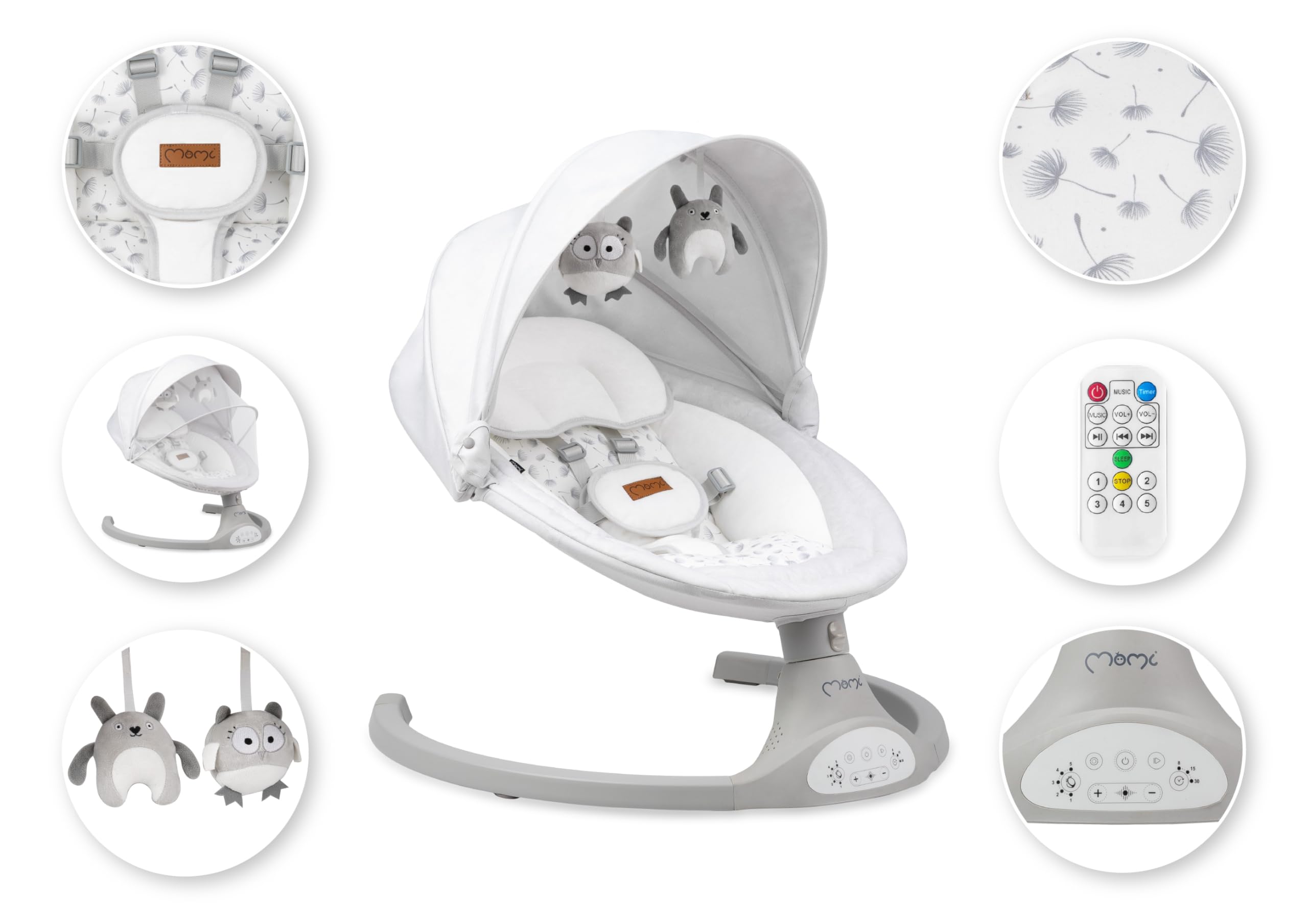 MoMi KENANI Babywippe klappbar mit Fernbedienung Bluetooth 5-Punkt-Sicherheitsgurt bis 9 kg