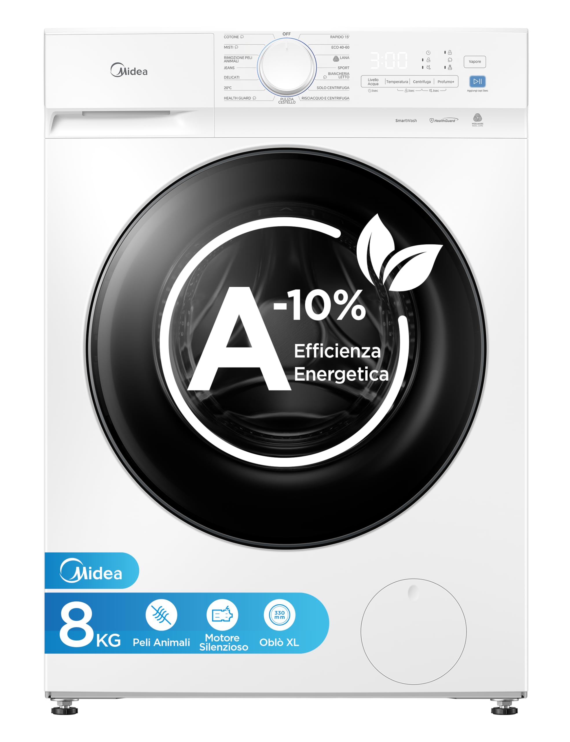 Midea Lavatrice 8 kg Classe A-10% 1400 Giri Silent Inverter Motor | Vapore Igienizzante, Rimozione Peli Animali, Programma Sport e Motore Silenzioso per Case co