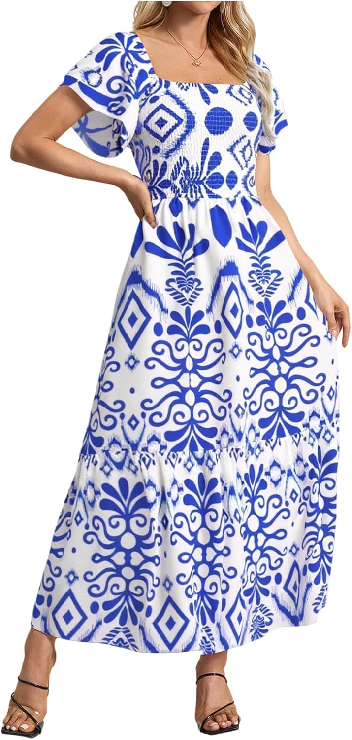 MakeMeChic Women's Floral Print Layered Short Sleeve Square Neck Ruffle High Waist A Line Summer Long Dress