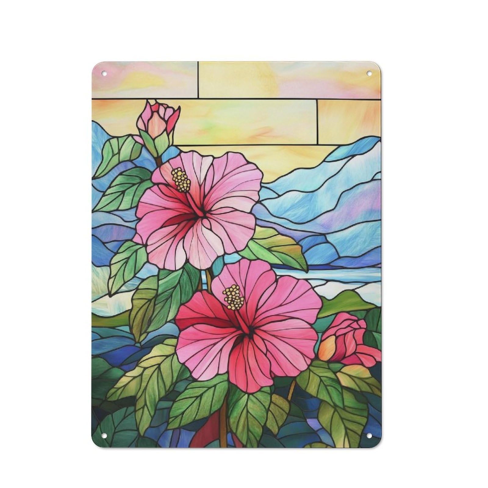 Junmoney Stained Glass Hibiscus Retro Kitchen Metal Sign 40X30cm Featuring Bistro Wall Plaque For Restaurant, Kitchen, Counter Or Breakfast Nook