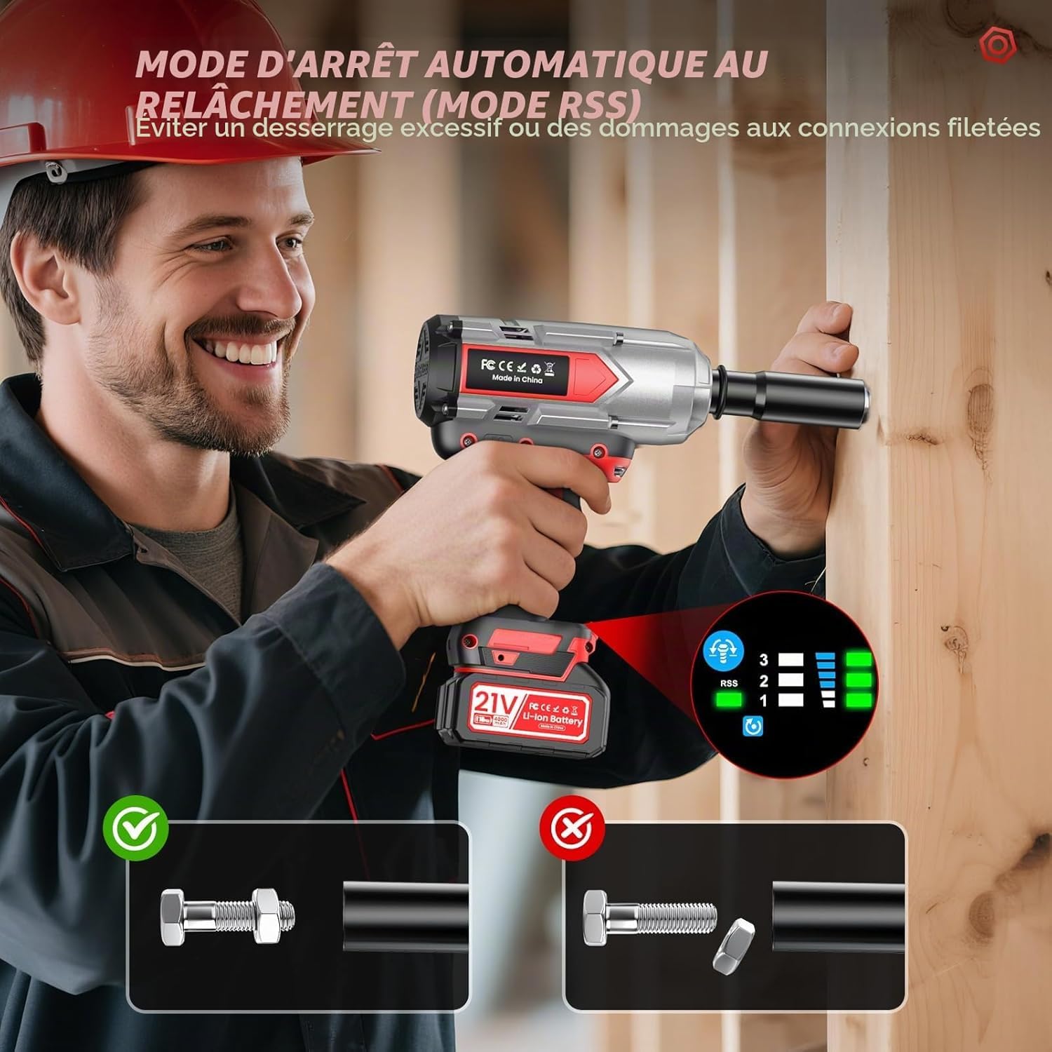 1400 N.m Clé à chocs sans fil, 21V Cle a choc professionnel avec 1000 W Moteur sans balais, 2 x 4,0 Ah Batteries, 5 Douilles, 1 Convertisseur 1/2" x 3/4", 1 Extension, pour Voiture et Camionnette