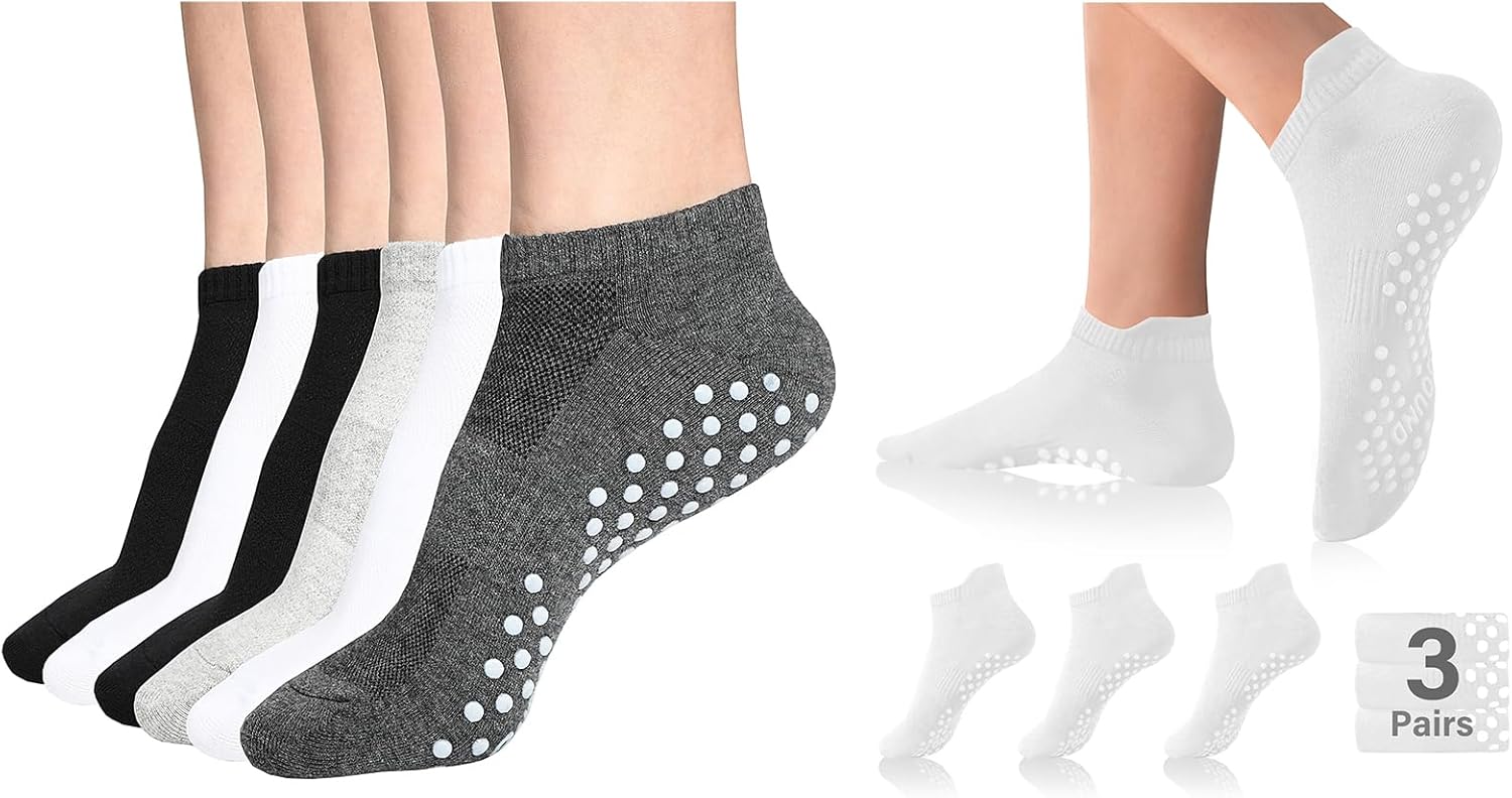 DIBAOLONG Pilates Socks with Grips for Women Yoga Socks Non Slip Barre Hospital 6-Pairs Grippy Ankle Socks