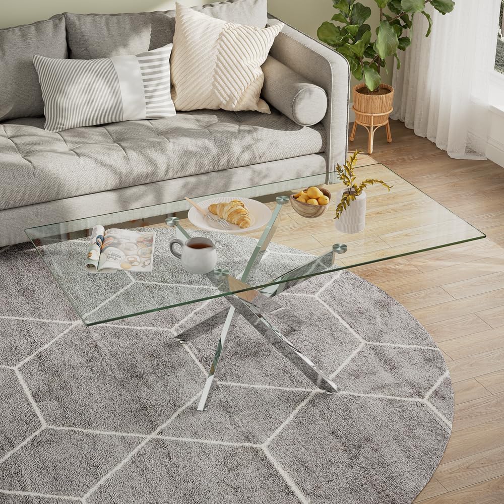 Tempered Glass Coffee Table with Chromed Legs, Rectangle Modern Living Room Table for Home Office Living Room (Sliver, 47.3”x23.6”x18”)