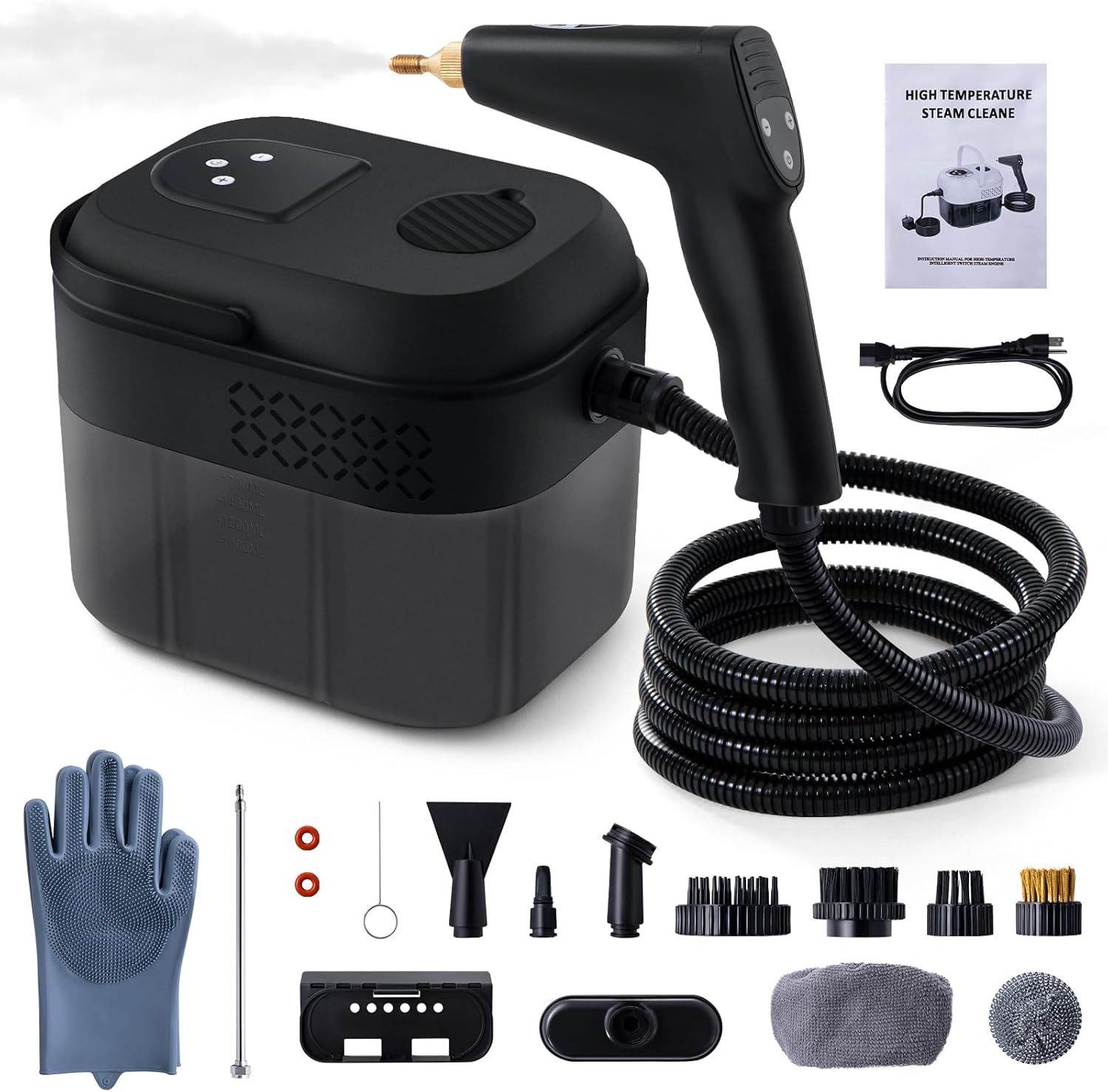 Lamberia Steam Cleaner with 16pcs Accessories, 2500W 1700ml 1.8 Quarts Tank, 6-Level Adjustable Portable Handheld Pressurized Steamer, 15s Heat-Up Steam Cleaner for Home, Car, Kitchen(Black, US Plug)