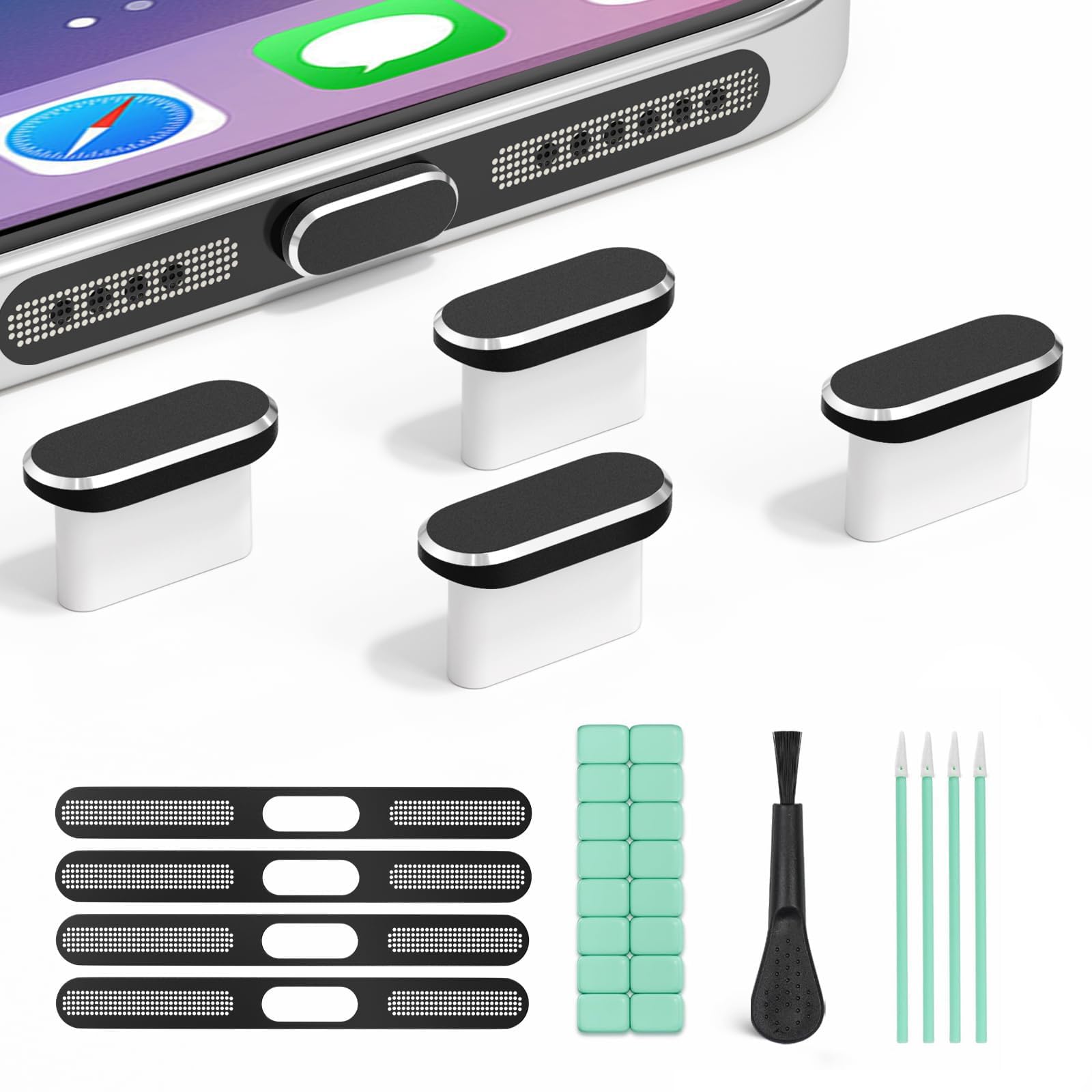 4 szt. Ochrona przeciwdustowa USB-C z, osłoną przeciwdustową głośnika i glina czyszcząca, kompatybilne z iPhone 17/16/15/Serii Air i akcesoria ochronne gniazda ładowania laptopa(Czarny)