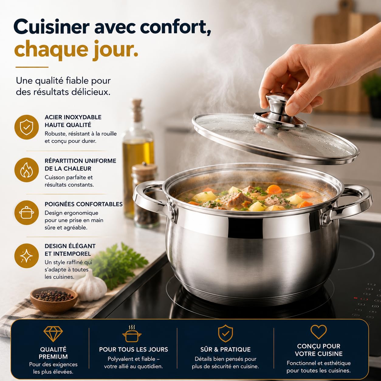 Royal Swiss® Batterie de Cuisine Inox 6 Pièces – Casseroles & Poêles avec Couvercles en Verre – Tous Feux – Acier Inoxydable Durable (6 pcs)