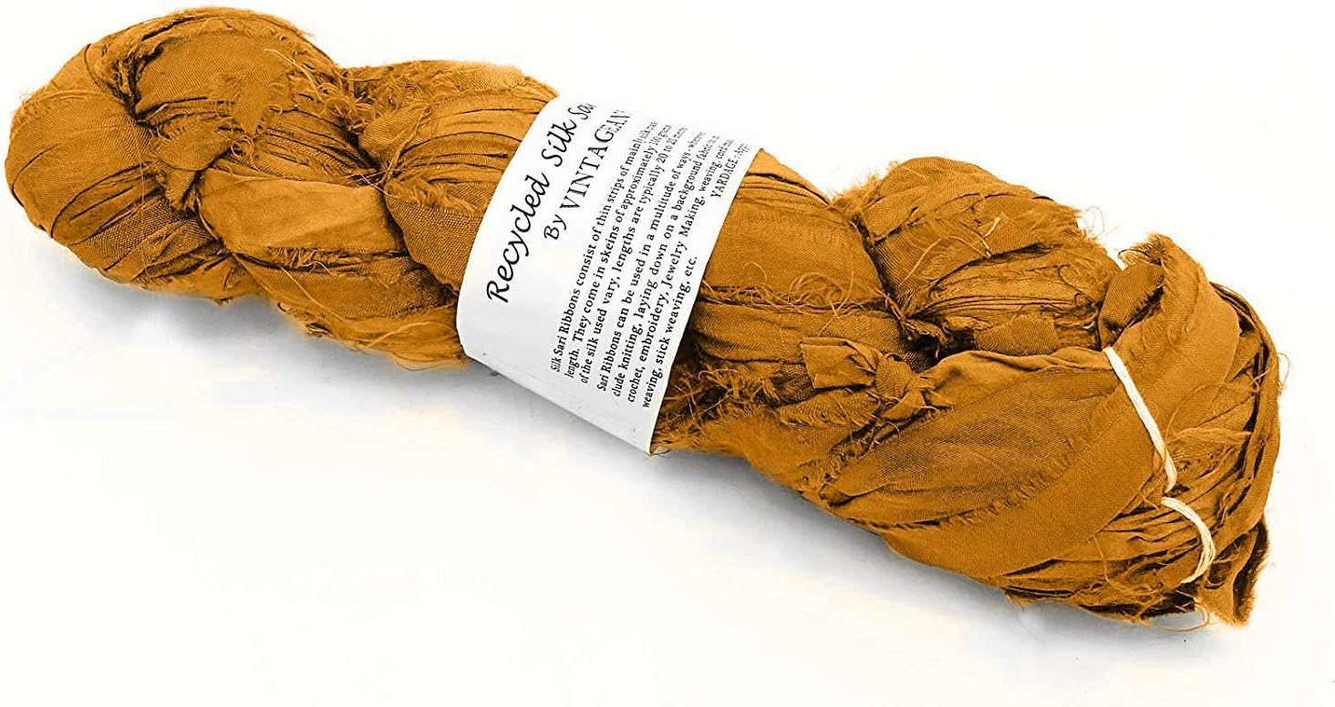 100g Recycled Sari Silk Ribbon Yarn, Jewelry Making Trim - Orange Ocher