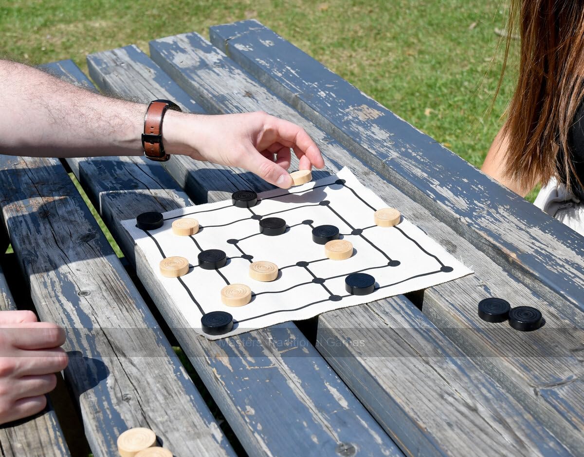 Medieval Nine Mens Morris (Cloth Board Game in Box) | Board Game with Wooden Pieces and cloth board - Medieval Games - Historical 2 player Game