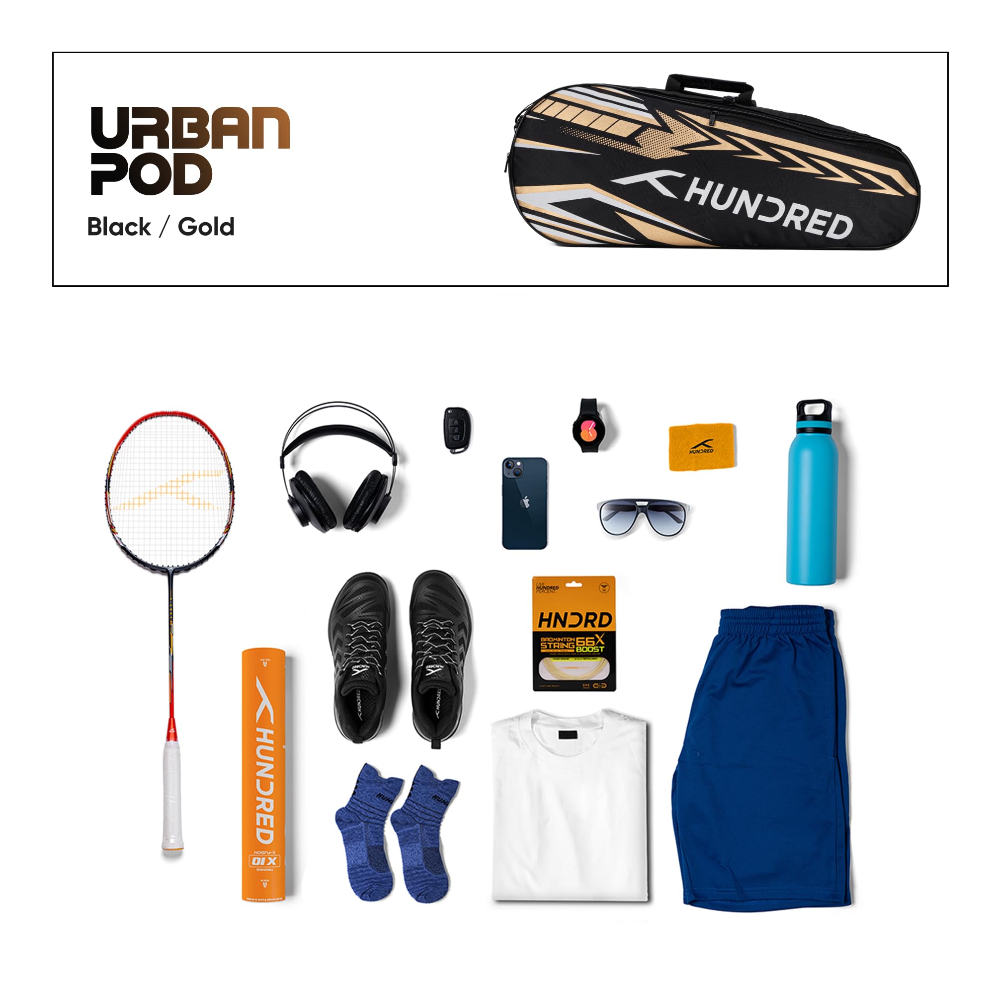 HUNDRED Urban Pod Badminton Kit-Bag | 3 Spacious Compartments | Double Zipper Closure