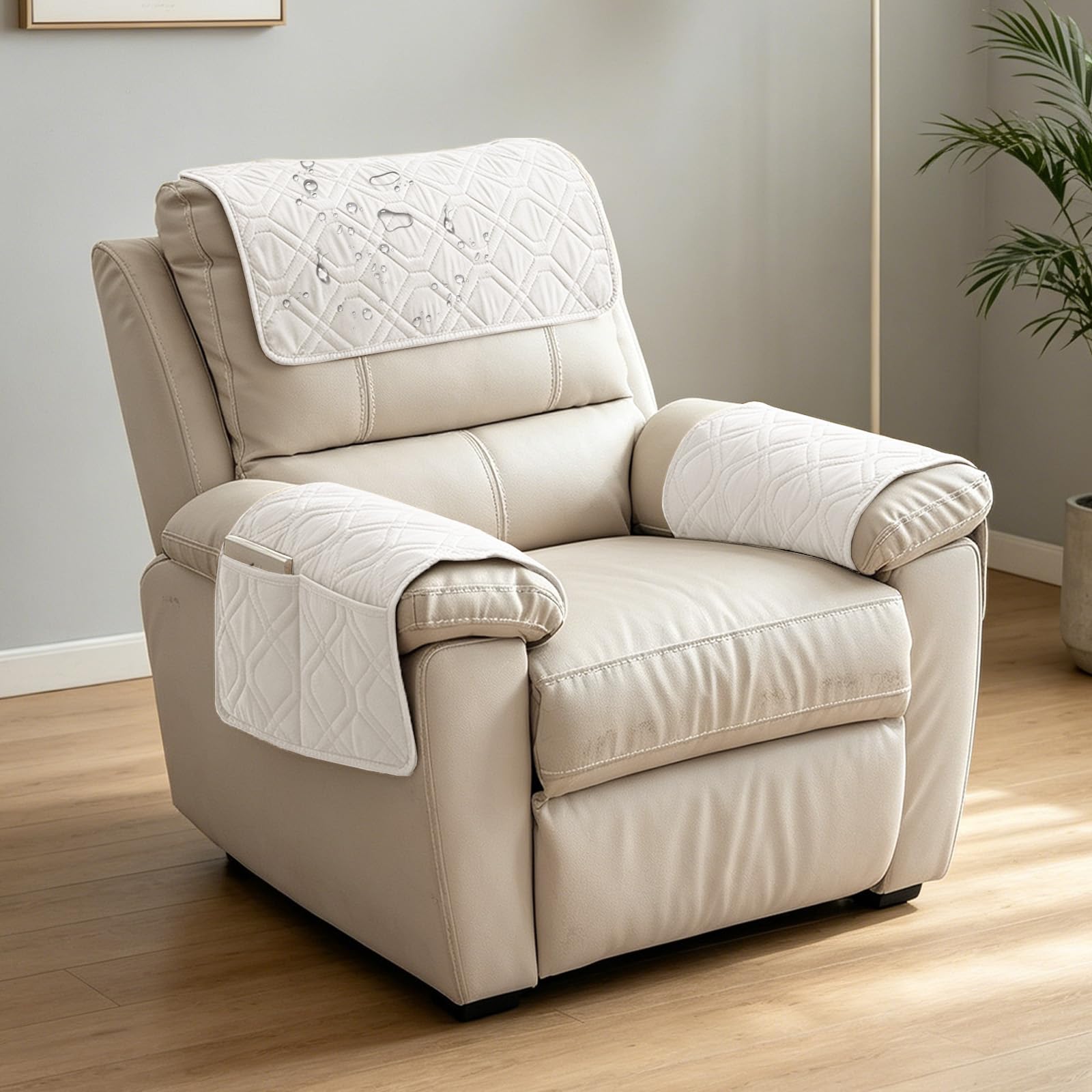 Funda Reposabrazos Sofá, Funda Cubre Sofá, Funda para Reposacabezas para Sillón Reclinable, Funda de Sillón Relax 1 Plaza con Bolsillos, Muebles Acolchado Antideslizante – 3 Piezas