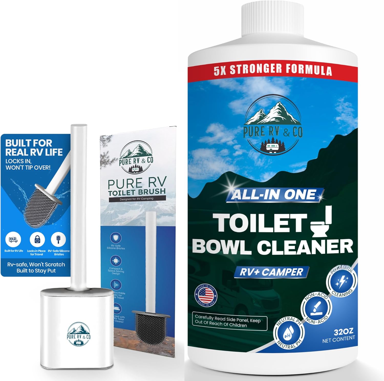 Toilet Bowl Cleaner with Easy Squirt Top - Silicone Toilet Brush and Holder Set - Septic Safe Toilet Bowl Brush & Cleaner Kit - 5X Stronger Stain & Odor Eliminator Set for Camper & RV Toilets