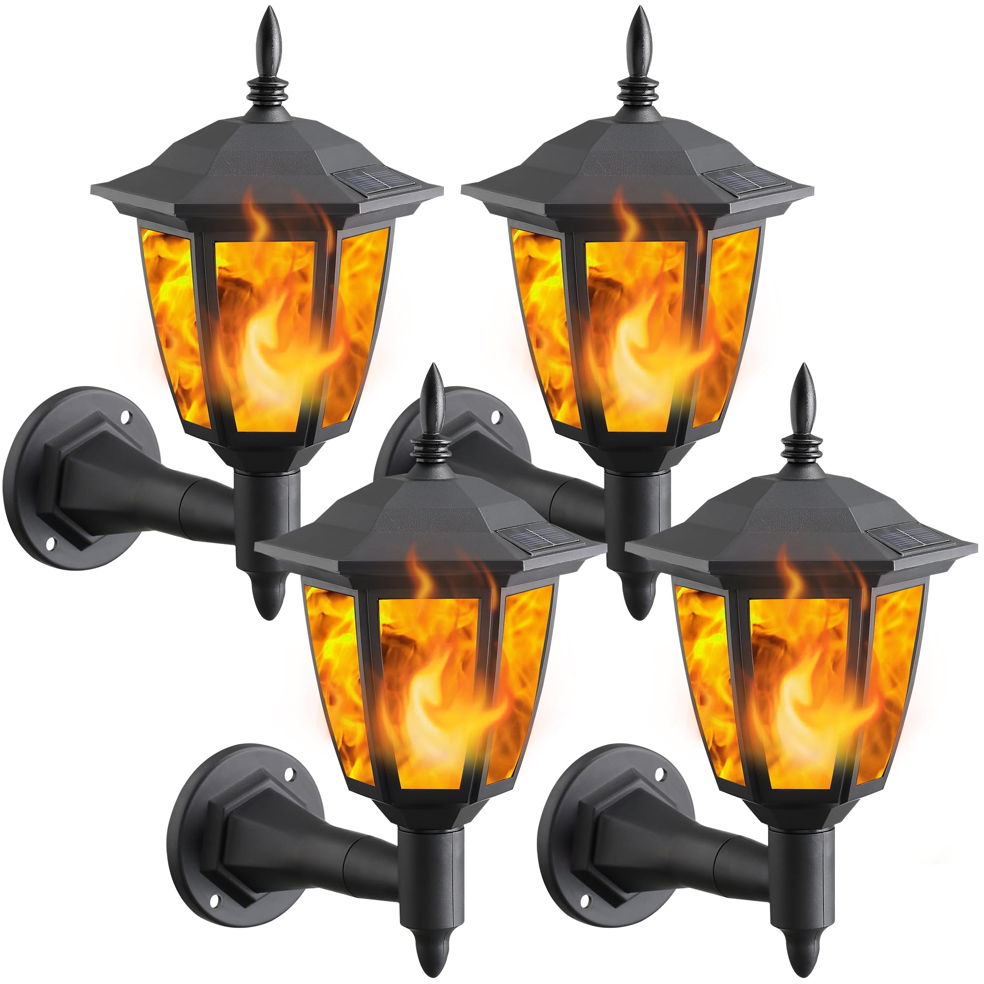 Dynaming 4 Pack Solar Flame Wall Lanterns Outdoor, Solar Powered Wall Mounted Sconce Lights, Flickering Flame LED Lights Auto On/Off Wall Hanging Lights, Waterproof for Garage Stair Patio Porch Yard