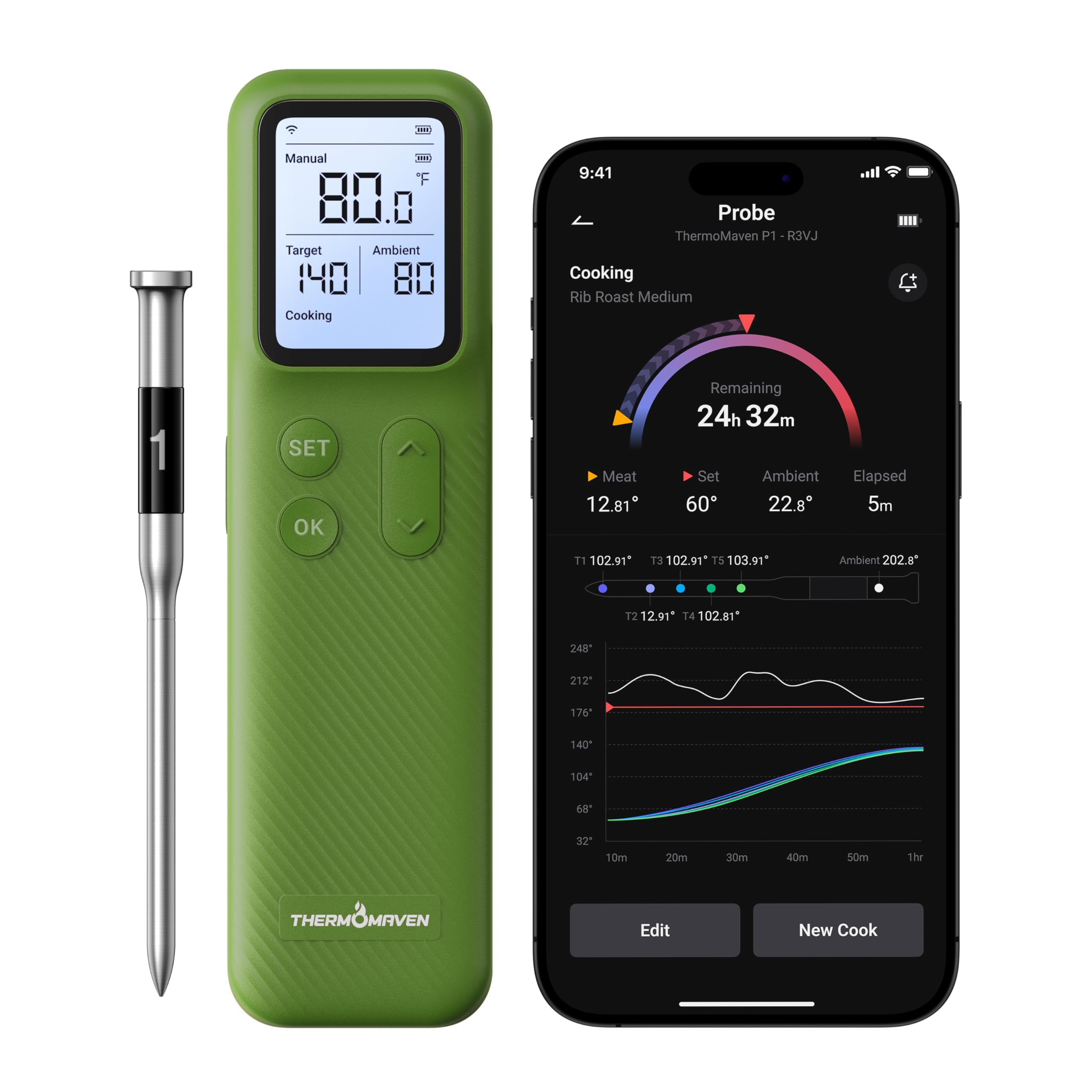 ThermoMaven Smartes Bluetooth Fleischthermometer Kabellos, Basisstation, WLAN Unbegrenzte Reichweite, NIST-zertifizierte Genauigkeit, App Warnungen, Für Grill, Ofen, Smoker, BBQ (Avocado-Grün)