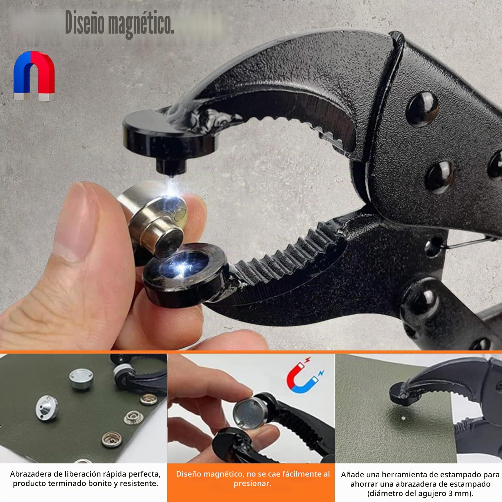 Corchetes de Presión Metálicos Kit - Alicates Ajustables con 3 Matrices Magnéticas, 100 Botones de 15mm para Cuero, Lona, Barcos, Ropa y Bricolaje