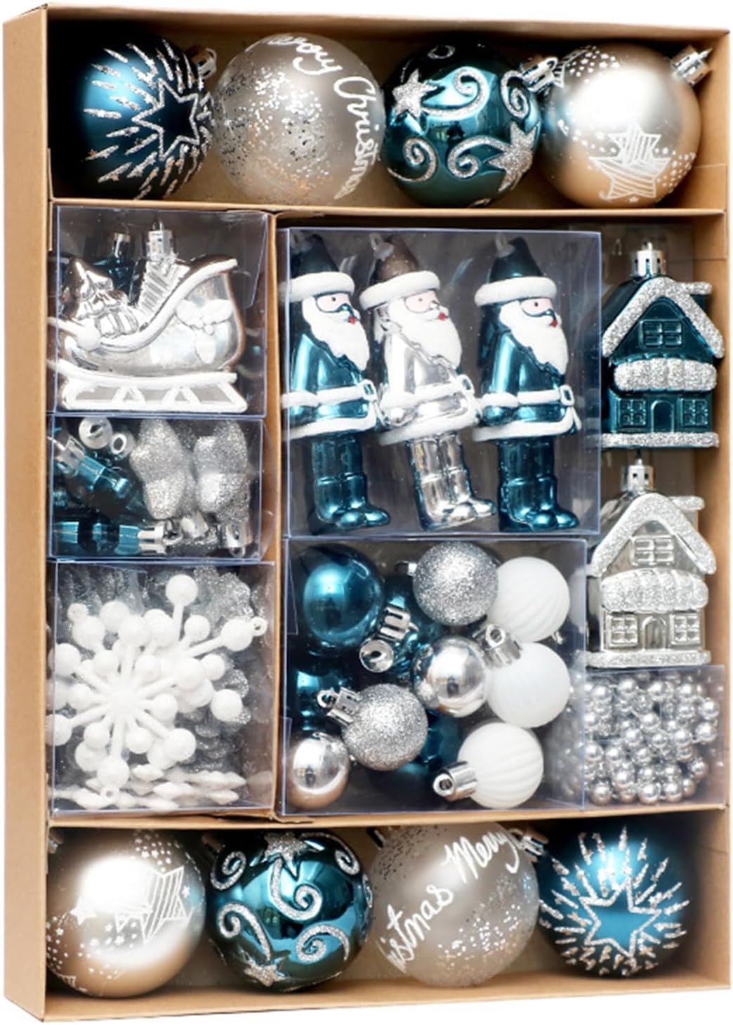 Weihnachtskugel Ornamente Set von 50, Bruchsicher Kunststoff (Blau Weiß Silber)