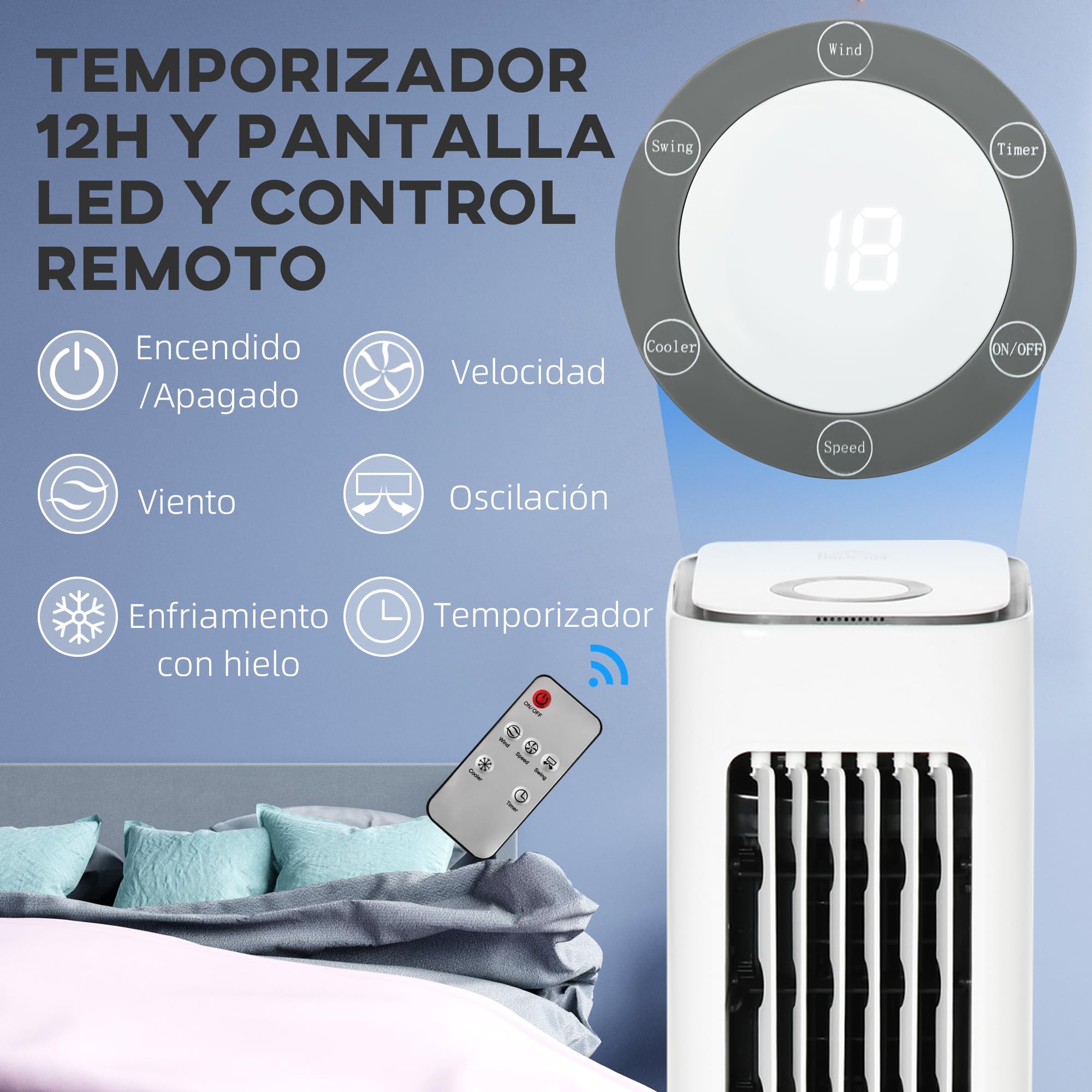 HOMCOM Climatizador Evaporativo Bajo Consumo 75W Depósito 5L Oscilante con Control Remoto 3 Modos 3 Velocidades Temporizador 12h y Pantalla LED Táctil 23x29x86 cm Blanco