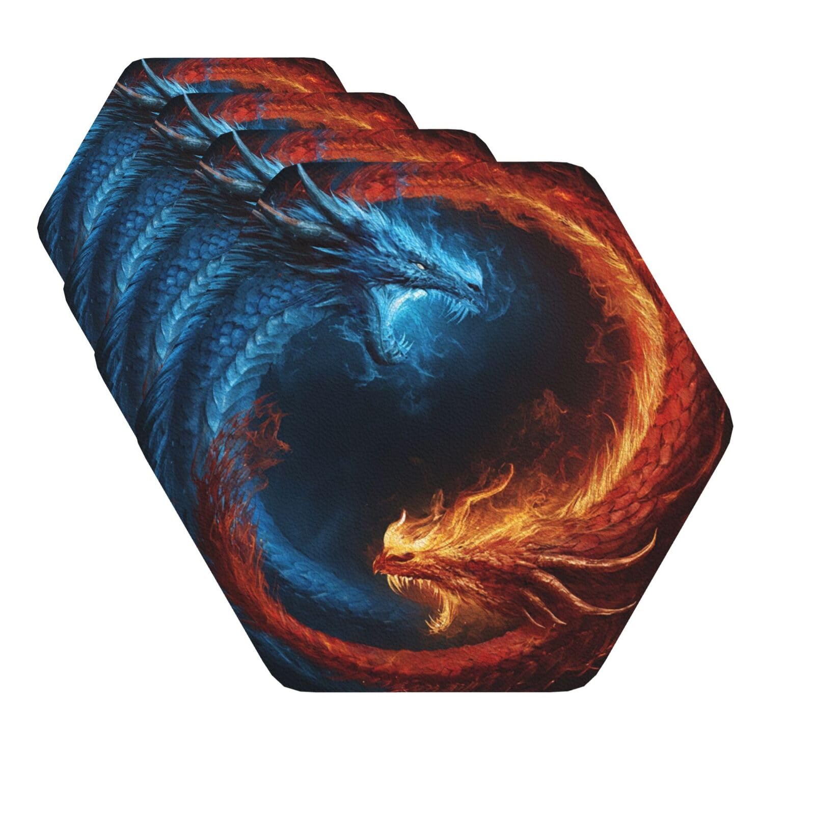 Drink Coasters Set of 4 Quick-Dry Leather Coaster Fire and ice dragons Coasters for Drinks Coffee Cup Mat Tabletop Protection Heat Resistant Coaster for Kitchen Bar Office Home Decor