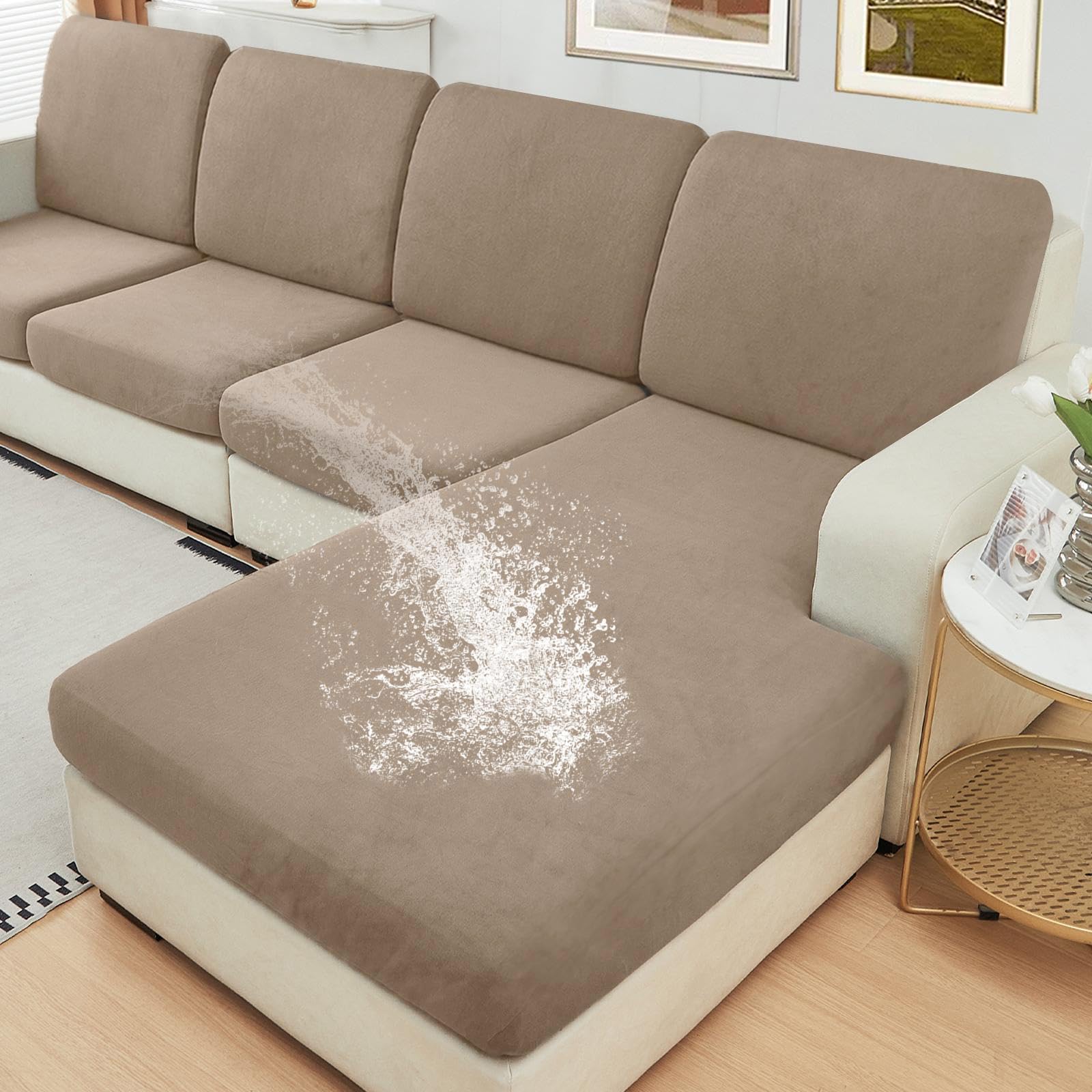 Photo 1 of NAISI Waterproof Couch Cushion Covers Thick Velvet Fabric Washable Sofa Slipcovers Sectional Couch Covers for 3 Pieces Separate L Shape Couch Cover with Elastic Bottom(2 Seater + 1 Chaise,Sand)