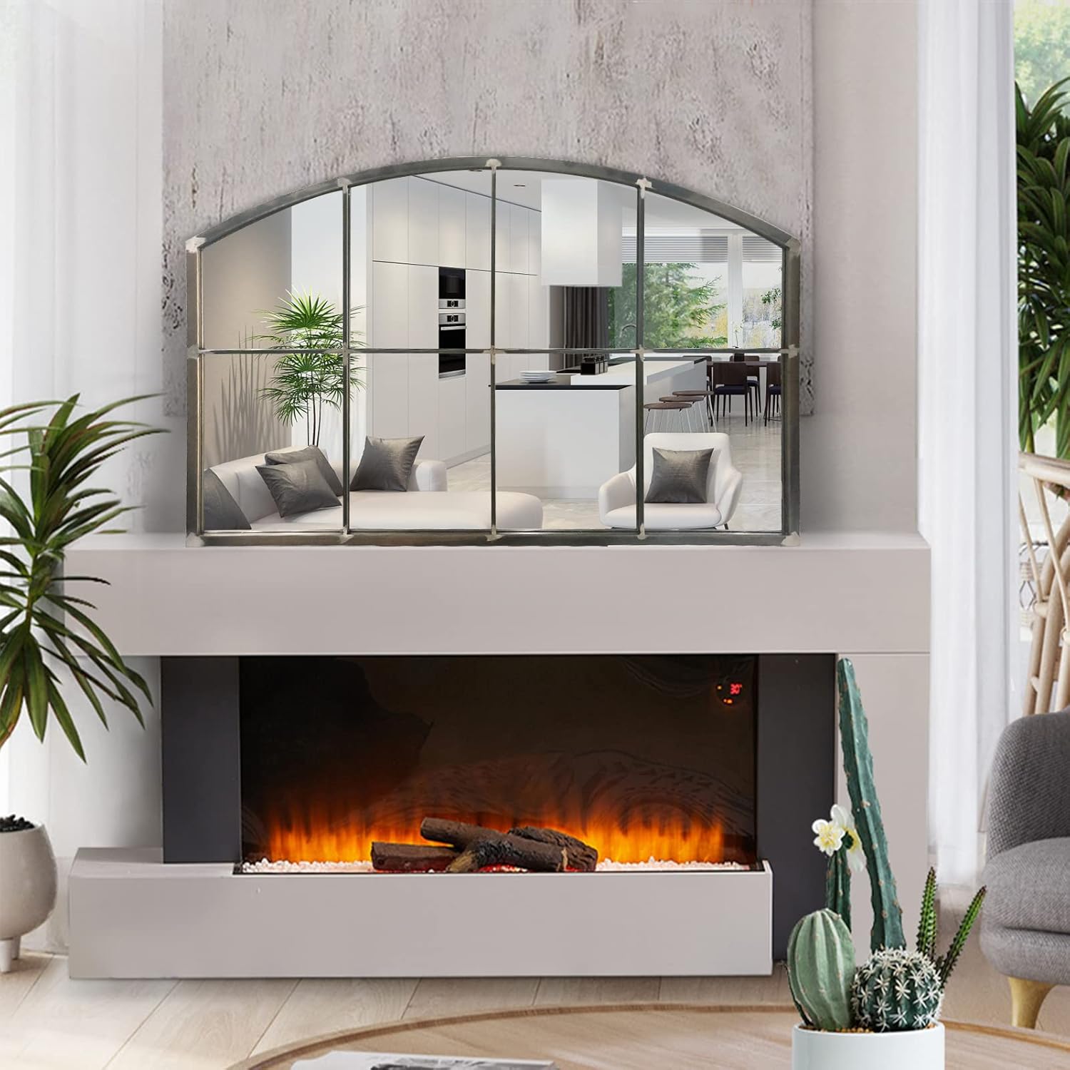 WAMIRRO Wide Window Pane Black Mirror,Farmhouse Arched Wall Mirror,Mantel Mirror for Fireplace/Entryway/Hallway/Living Room,42“X28” (Vintage Retro-Grey Wide)