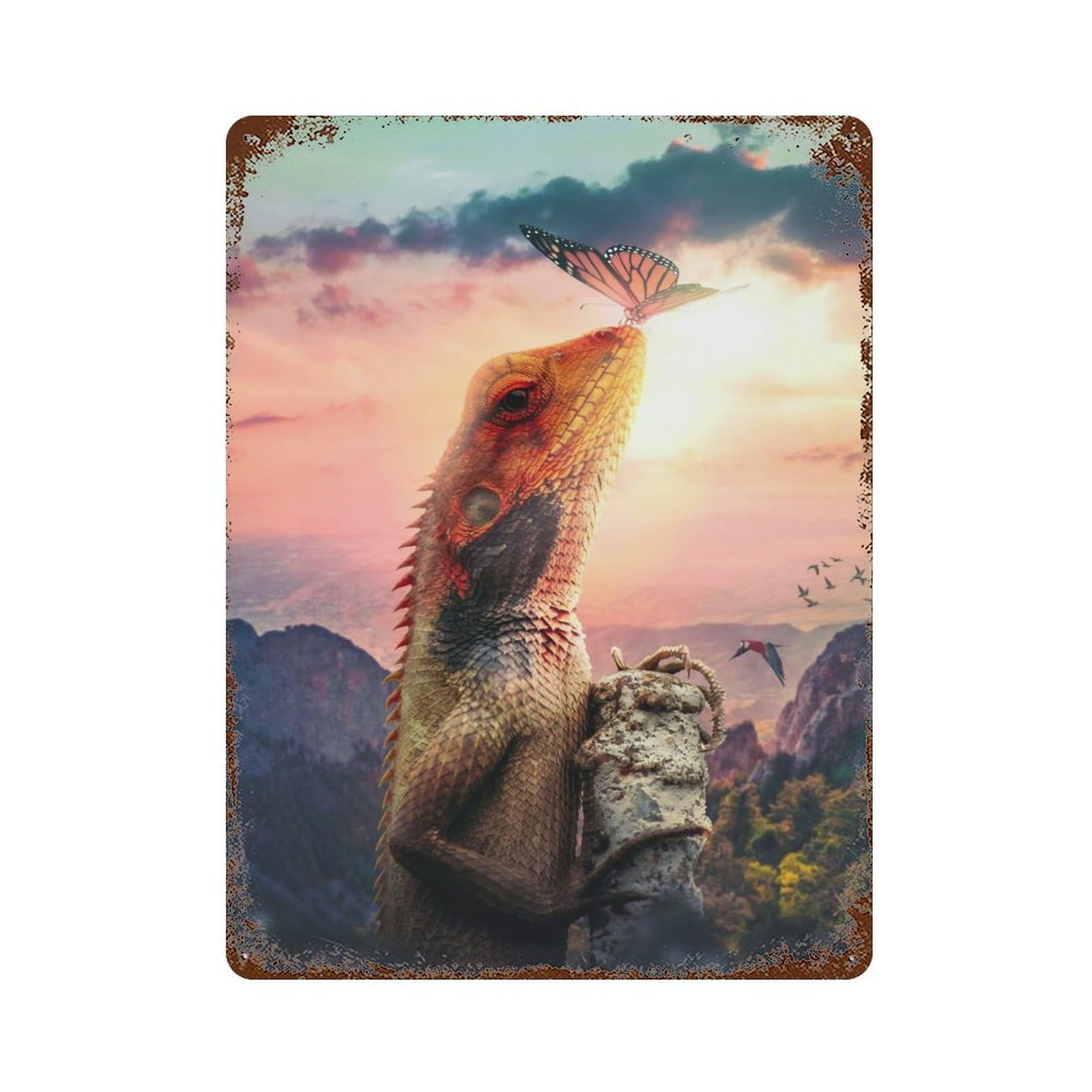 Climbing Lizard Aged Metal Wall Plaque 15.7"x11.8", Old School Wall Decor for Garage, Bar And Workshop Decor