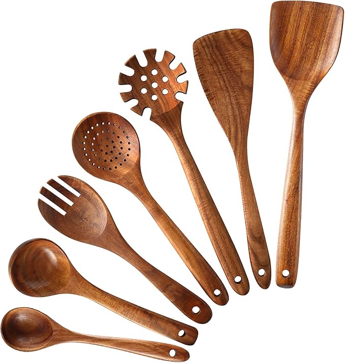 Wooden Spoons for Cooking, 7 Pcs Teak Wood Utensils Set, Heat-Resistant Wooden Spatula Spoon for Cooking, Comfortable Grip Non-Stick Wooden Cooking Utensils