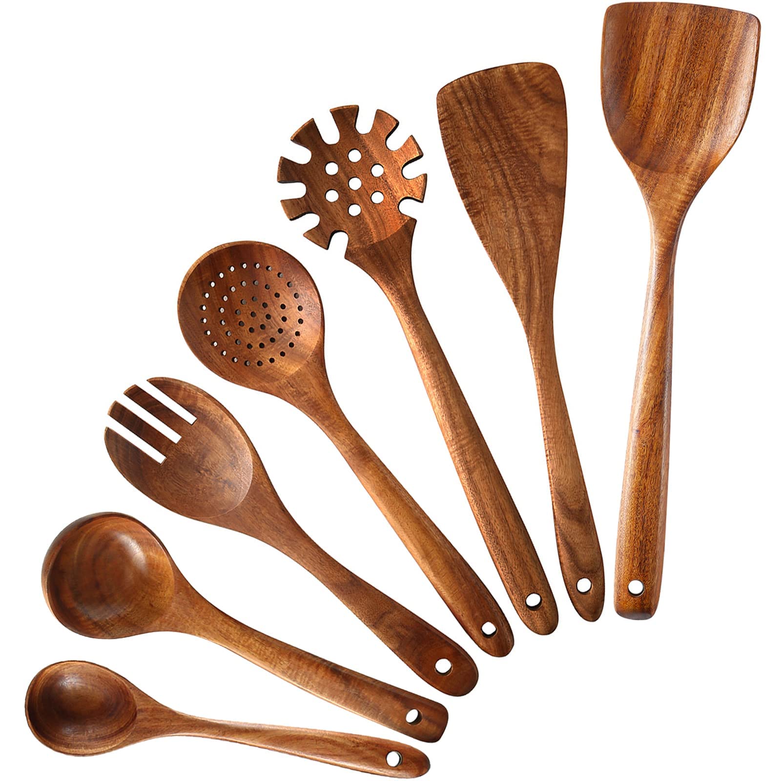 Cucharas de madera para cocinar, juego de 7 utensilios de madera de teca, cuchara de espátula de madera resistente al calor para cocinar, agarre cómodo, utensilios de cocina de madera antiadherentes