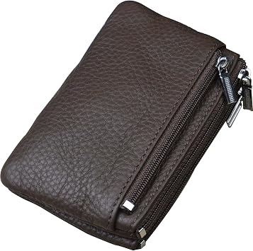 Genuine Leather Coin Purse with Zipper and Key Ring, Small Change Pouch Card Holder Keychain Wallet for Women and Men Mini Pocket Size Purse for Coins Bills Keys Lipstick Headset Brown