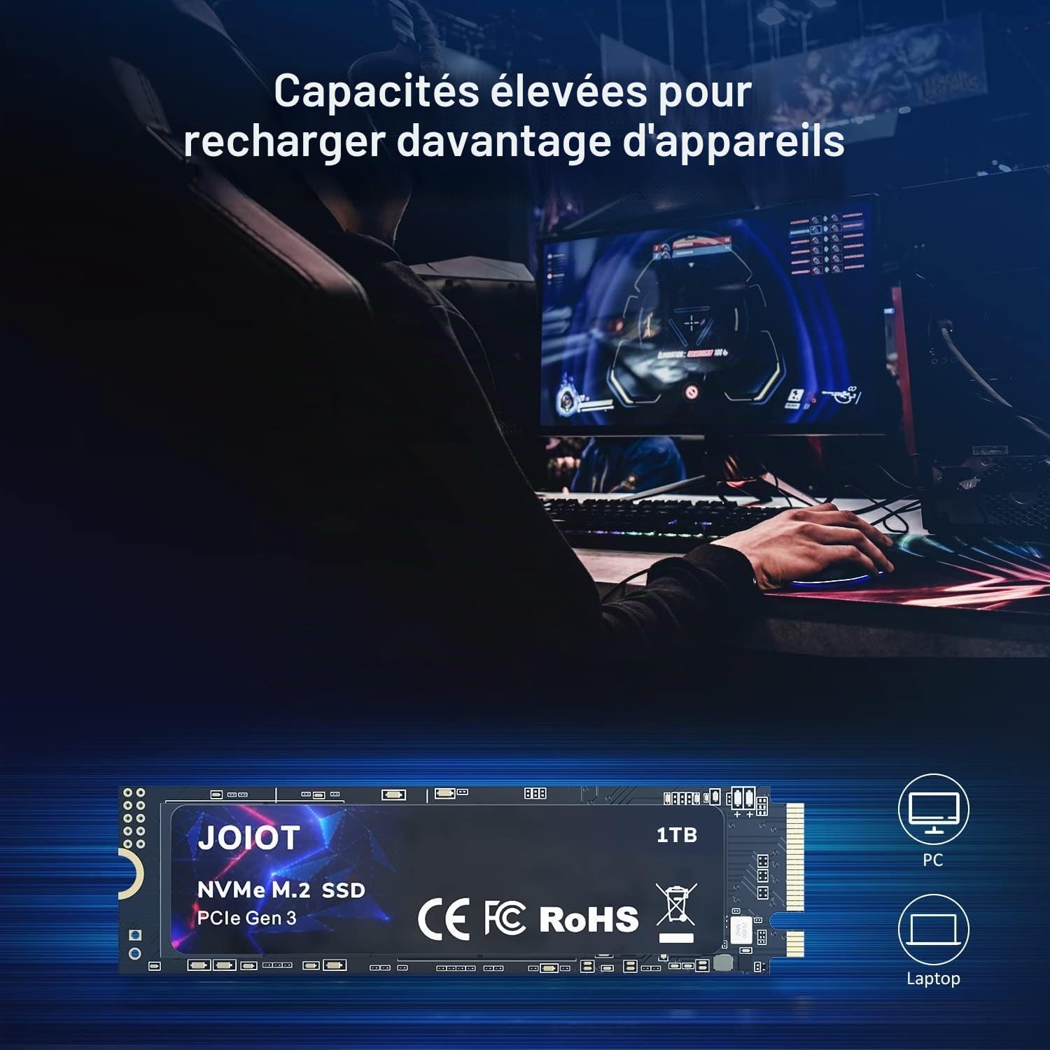 JOIOT SSD 1To PCle 3.0x4 Disque SSD Interne, Vitesse de Lectura jusqu'à 3500 Mo/s, M.2 2280 Nvme SSD Interne 1 to Compatible avec Ordinateur Portable et de Bureau,Disque Dur SSD TLC 3D NAND