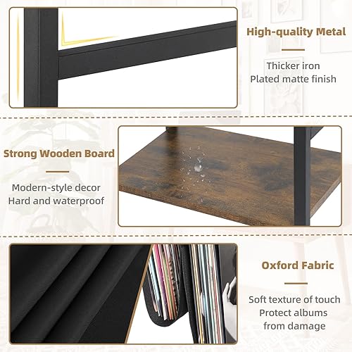 Miniatura 6 de Bikoney Soporte para tocadiscos con toma de corriente, soporte para tocadiscos con almacenamiento de discos de vinilo de 3 niveles, mesa para