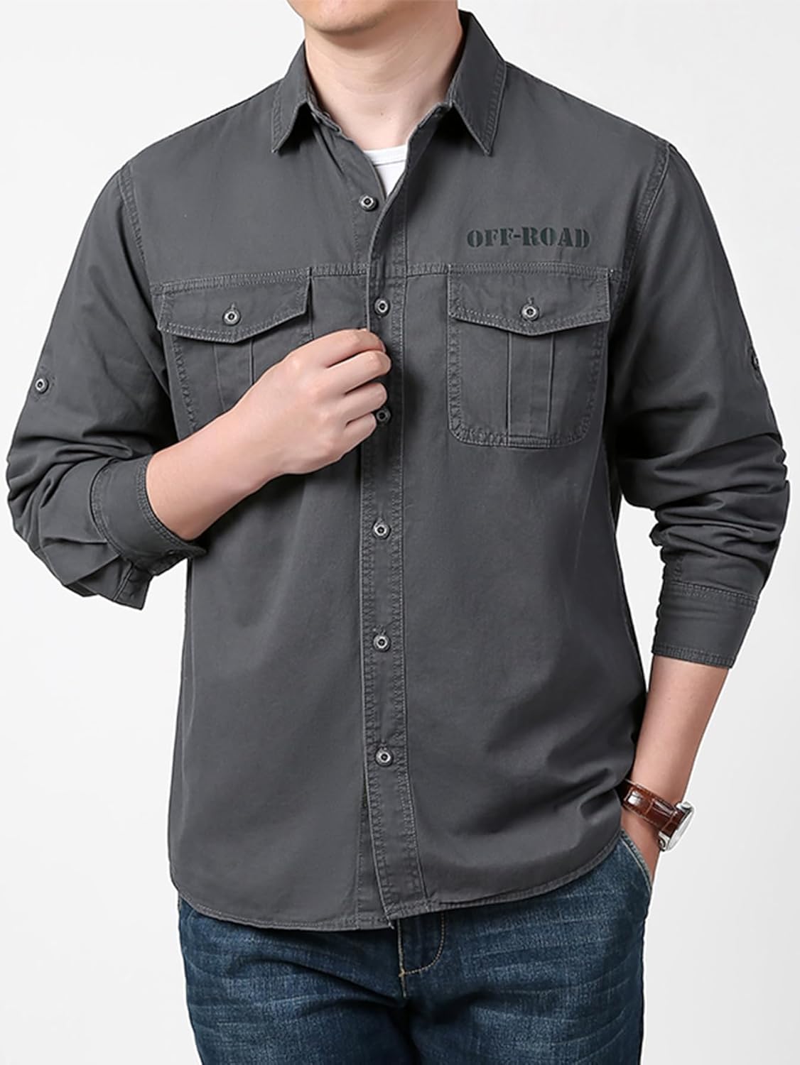 Men's Roll-Up Sleeve Cargo Work Shirts with Pockets